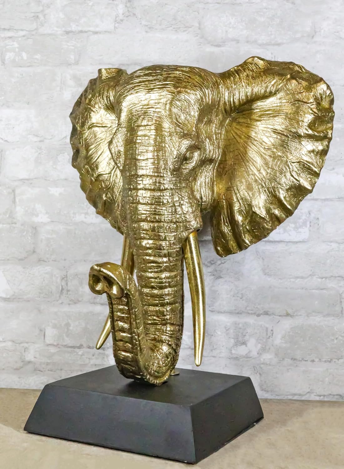 Ebros Gift Large 18" H Gold Patina Safari African Bush Elephant Head Bust Sculpture On Museum Gallery Pedestal Base Rustic Wildlife Forest Jungle Elephants Lucky Auspicious Feng Shui Decor Figurine