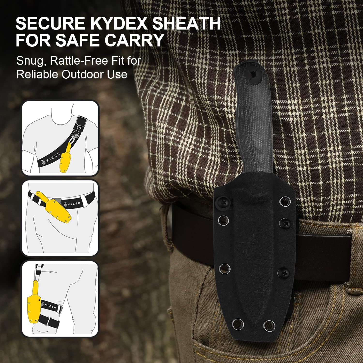 Kizer Drop Bear Fix 3 Fixed Blade Knife, 3.8" 1095 Blade EDC Camping Knife with Black Micarta Handle, Small Hunting Knives with Sheath, Outdoor Survival Knives with Pocket Clip and Lanyard, 1101A3 - Image 7