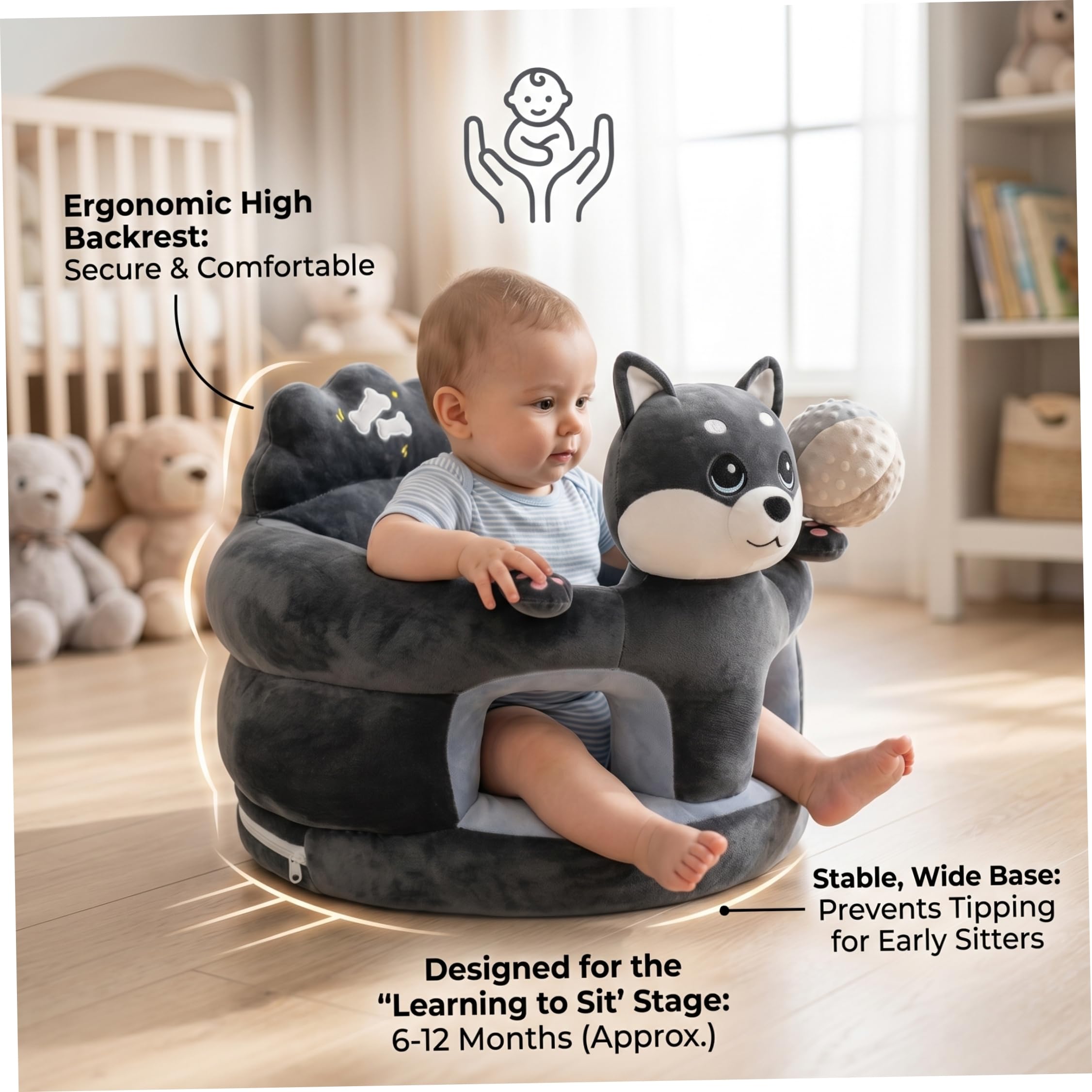 Seggiolino Sit Up per Bambino, Seggiolino per Neonato, da Pavimento Sit Me Up per Bambino, Sedia in Peluche Husky Grigio - Neonato ergonomico per Sedersi da 3 a 12 Mesi, Uso Portatile in C