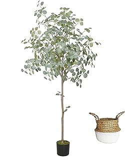 Joyplants Artificial Eucalyptus Tree 6ft Tall, Modern Fake Silver Dollar Leaves Plastic Plants for Home Decor Indoor Outdoor Garden Decor, Faux Tree with Basket