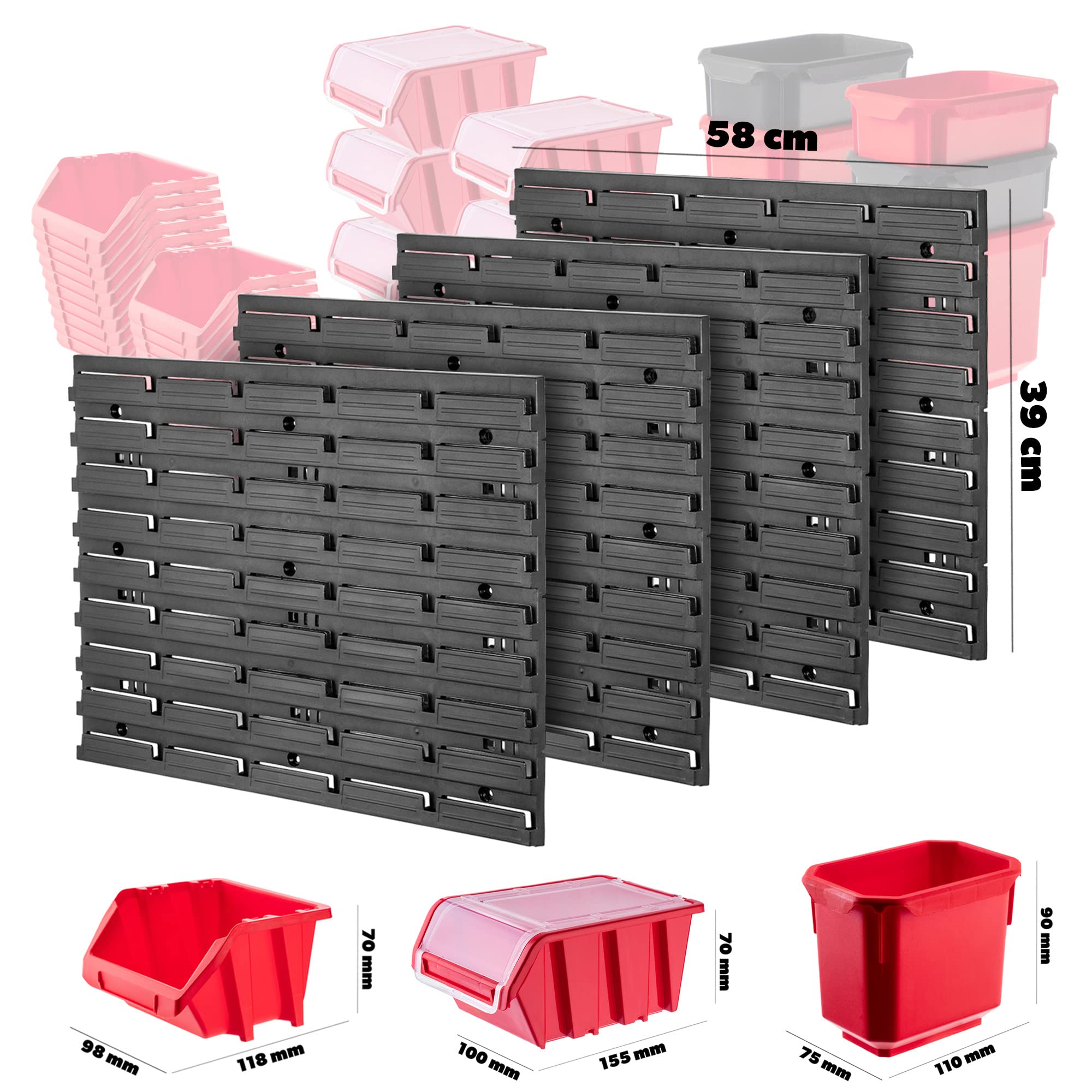 KADAX Estantería de pared para taller, 116 x 78 cm, sistema de almacenamiento de plástico resistente, resistente a los rayos UV, paneles de pared ampliables, estantería a granel (rojo, 83 piezas)