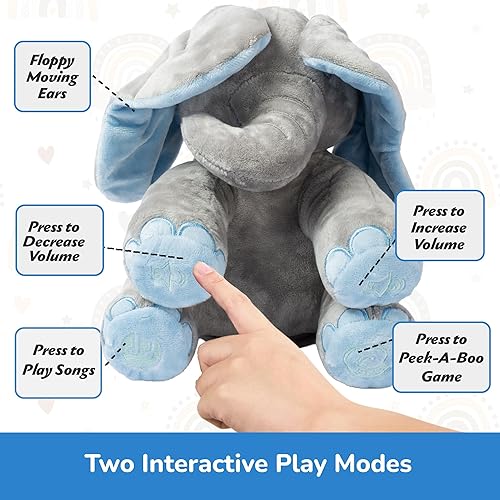 Miniatura 23 de Dimple Kaia Peek A Boo Elefante de juguete, animal de peluche interactivo con orejas móviles, animal de peluche musical para bebés y niños pequeños