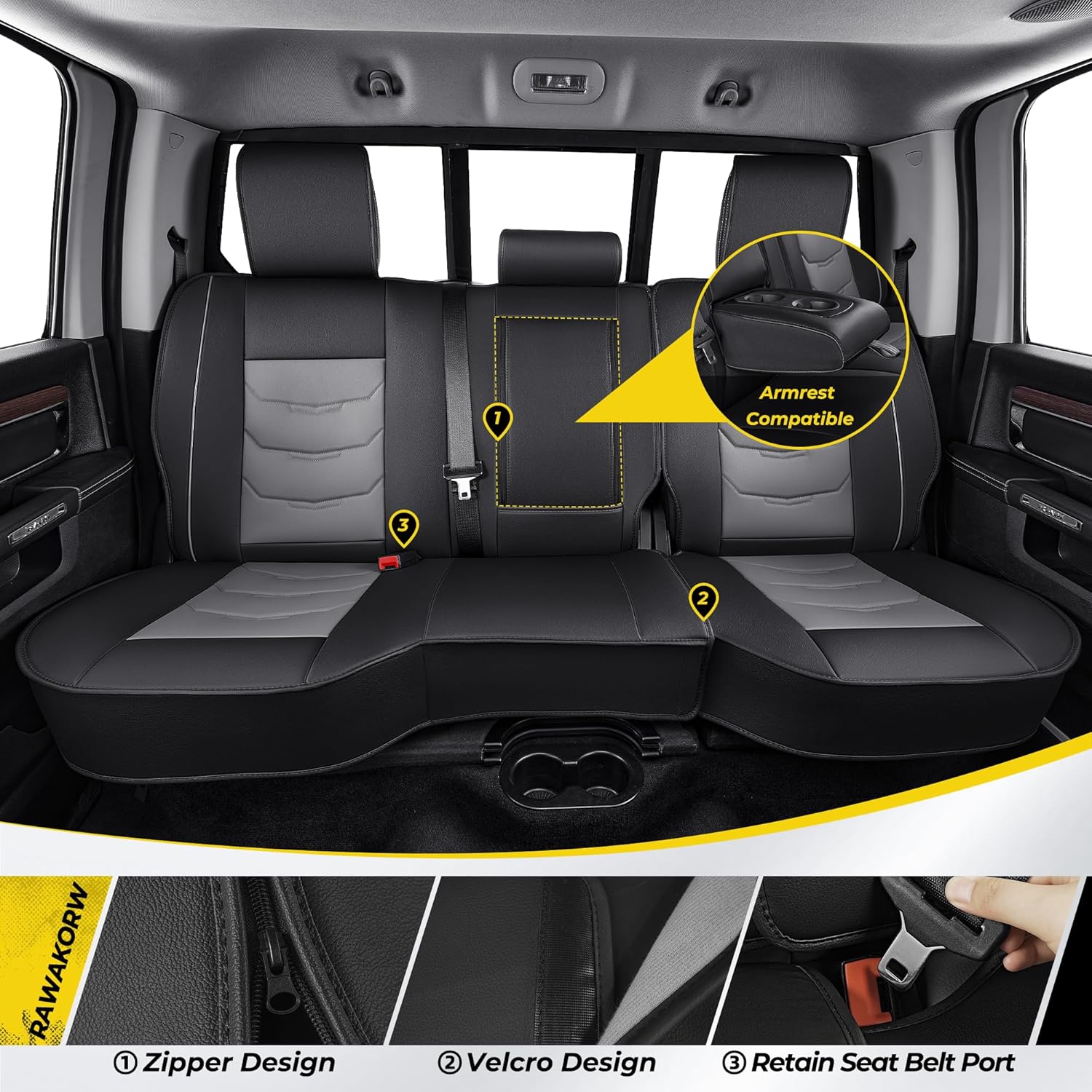 Dodge RAM 1500 2500 3500 Seat Covers 2002-2026 Crew Quad Cab Classic Bighorn Longhorn Laramie Tradesman Waterproof Truck Seat Covers Faux Leather(Black & Grey,2 Front Seats)