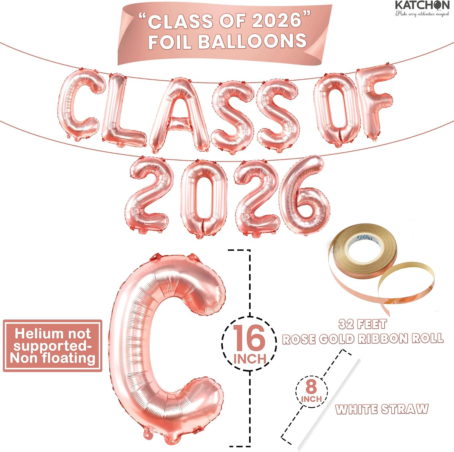 KatchOn, Rose Gold Class of 2026 Balloons - 16 Inch | Graduation Balloons, Graduation Decorations Class of 2026 | Class of 2026 Decorations, Graduation Balloons Class of 2026 | Graduation Decorations