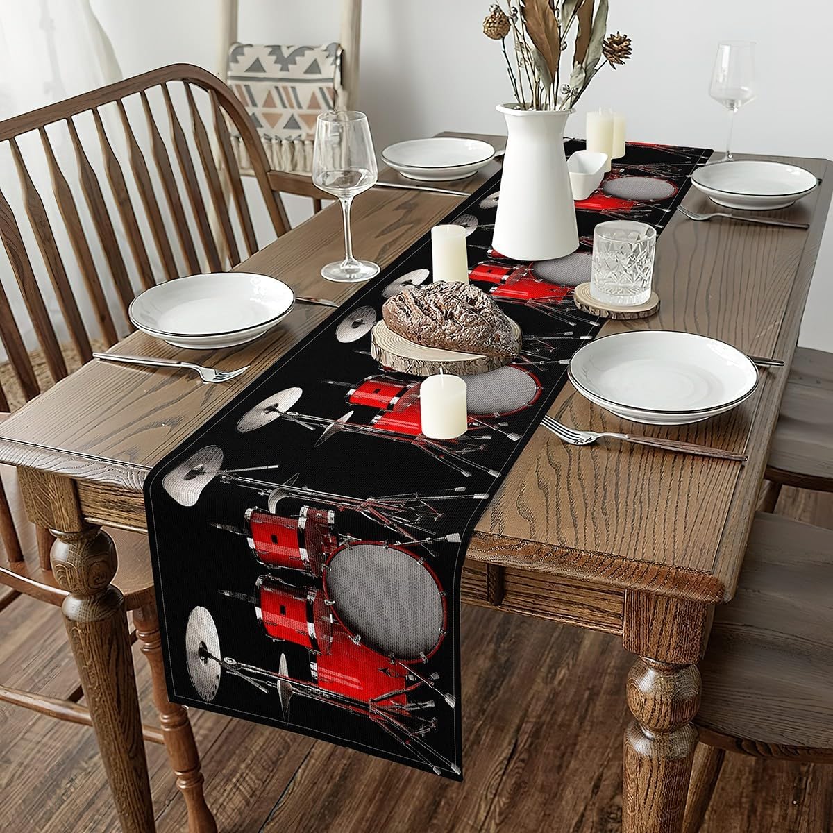 Erosebridal Drum Kit Table Runner,Classical Rock Roll Music Table Runner Black for Kitchen Table Setting Decor,Geometric Drum Set Rectangular Runner,Pop Music Lovers Table Runners,Red Black,13X90 image 3