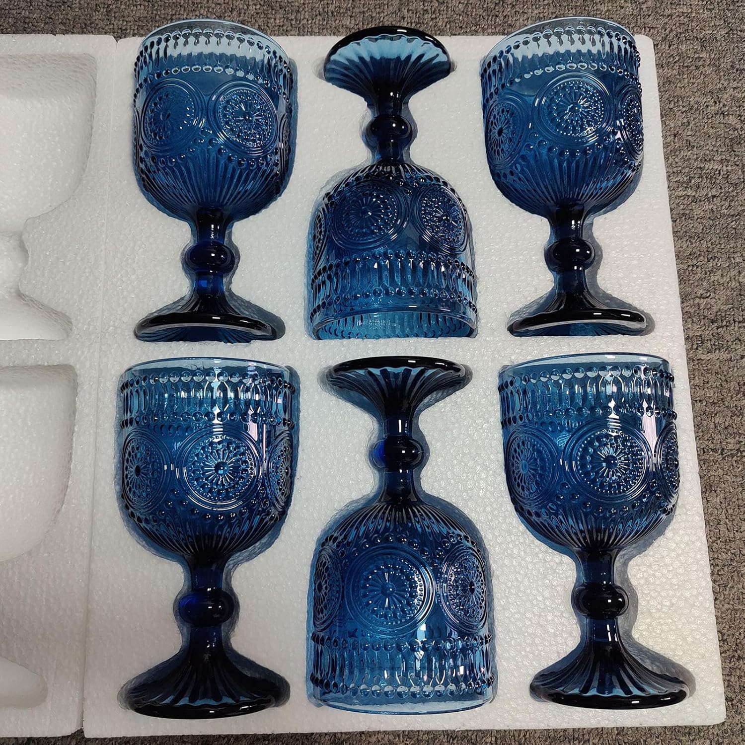 Blue Water Goblets Wine Glasses Drinking set of 6 Vintage Colored Glassware 12 Ounces Sunflower Stemmed Cups for Wedding Party Bars Restaurants - Image 2