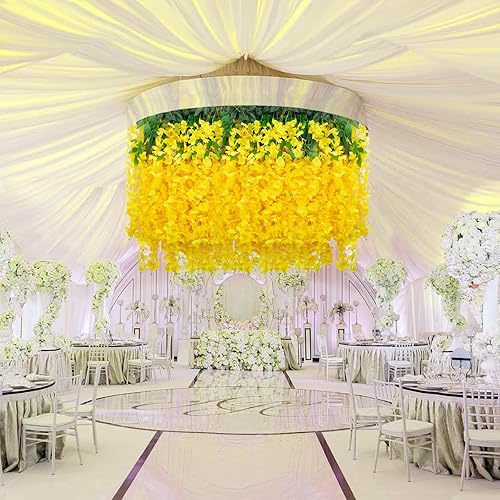 Miniatura 7 de Paquete de 5 flores colgantes de glicina amarilla, flores colgantes falsas amarillas de 3.77 pies, guirnalda de glicina artificial amarilla,