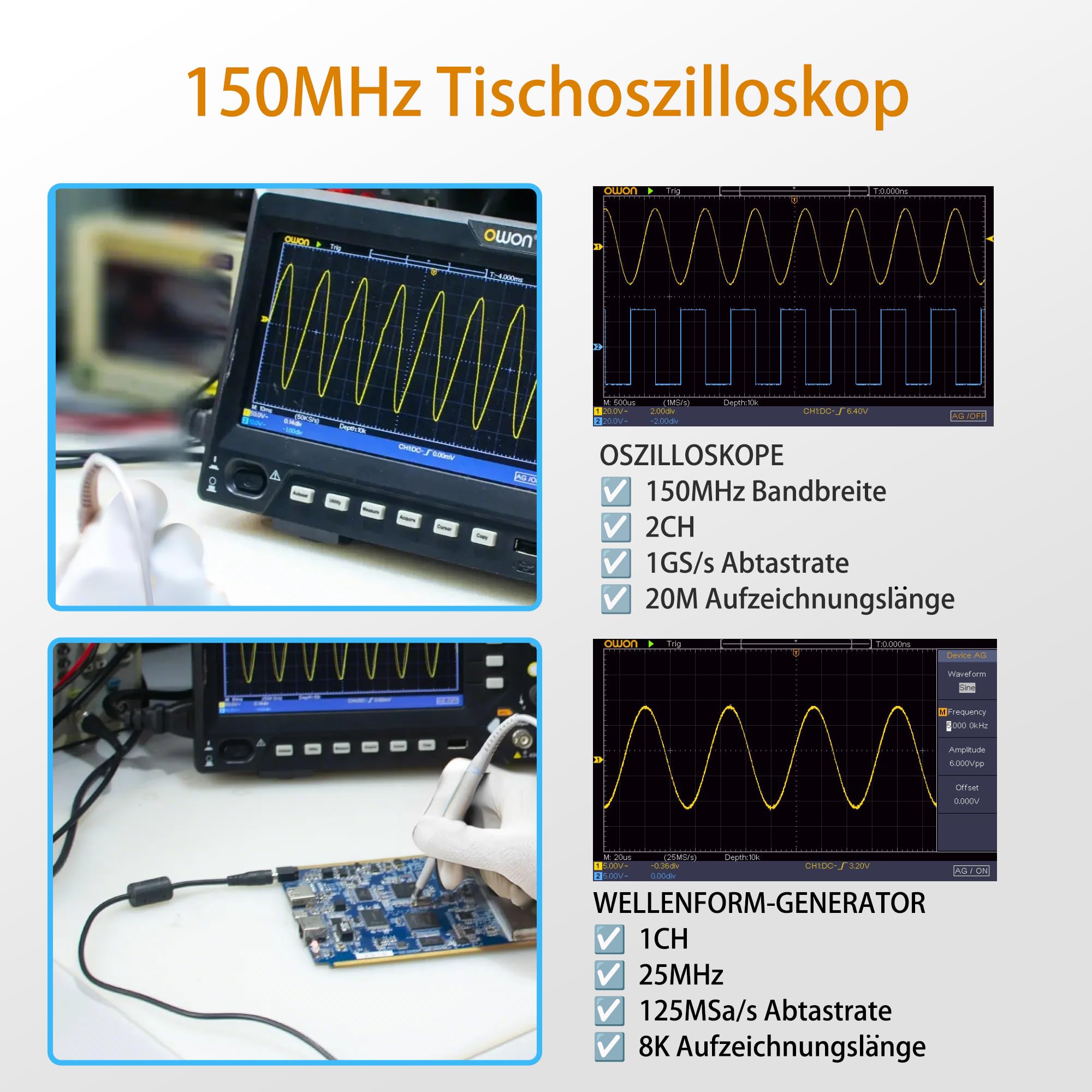 SDS215S OWON oscyloskop 2 + 1 kanał, szerokość pasma 150 MHz, oscylograf stołowy ze źródłami sygnału 25 MHz, obsługuje 30 automatycznych pomiarów kształtu fali (2+1CH/150 MHz/SDS215S)