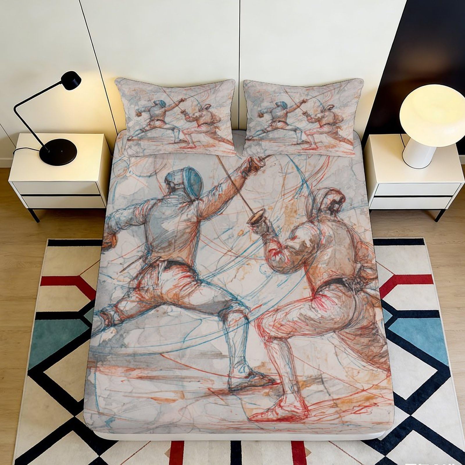 3D Printed Medieval Sword Duel Fitted Sheet Microfiber Breathable Renaissance Art Mattress Cover for Bedroom Dorm Decor 90x200x25cm