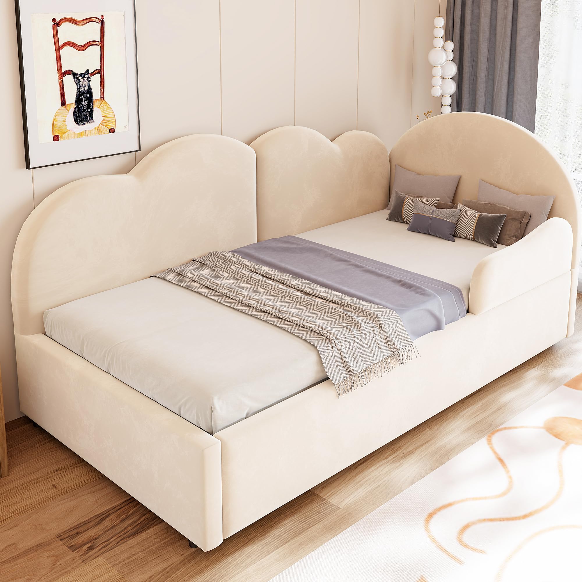 Łóżko tapicerowane (90 x 200 + 90 x 190 cm) w kształcie litery L z wysuwanym łóżkiem i zagłówkiem chmury, sofa do spania i łóżko dzienne z oparciem, do sypialni i pokoju gościnnego, aksamitne, beżowe