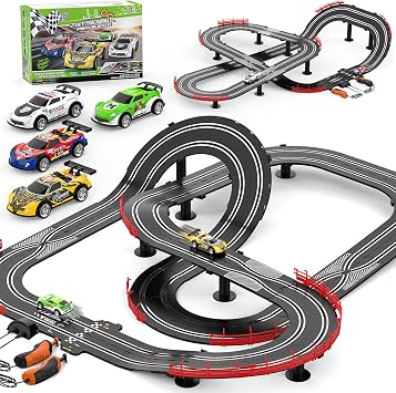 2 in 1 Slot Car Race Track Sets with 4 Slot Cars, 143 Electric Car Track for Boys, Dual Racing Game Lap Counter Circular Slope Track Sets, Birthday Gifts Toys for Boys Kids Ages 6 7 8 9 10 11 12
