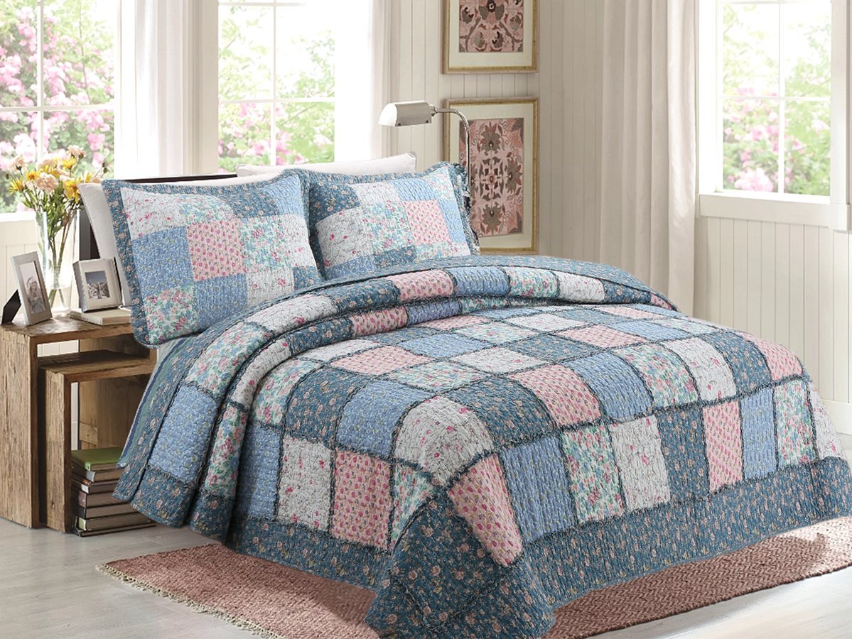 Cozy Line Home Fashions French Country Cottage 3-Piece Blue Pink Patchwork Floral Provence Garden Cotton King Reversible Quilt Bedding Set