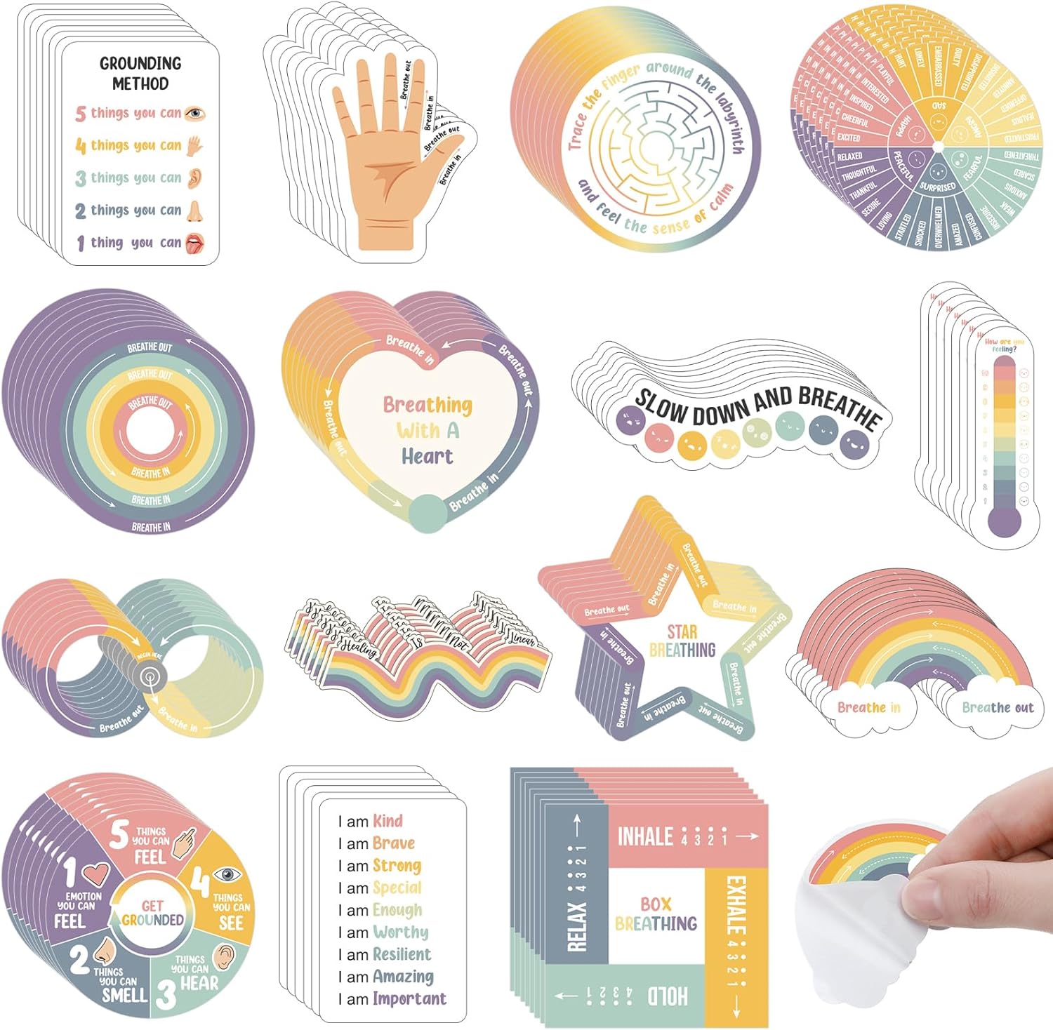 Tenceur 120 Pcs Adhesives Sensory Stickers with Inspirational Quotes Mindfulness Relief Anti Stress Items School Counselor Supplies Textured Strips for Adult Teen (Boho Color)