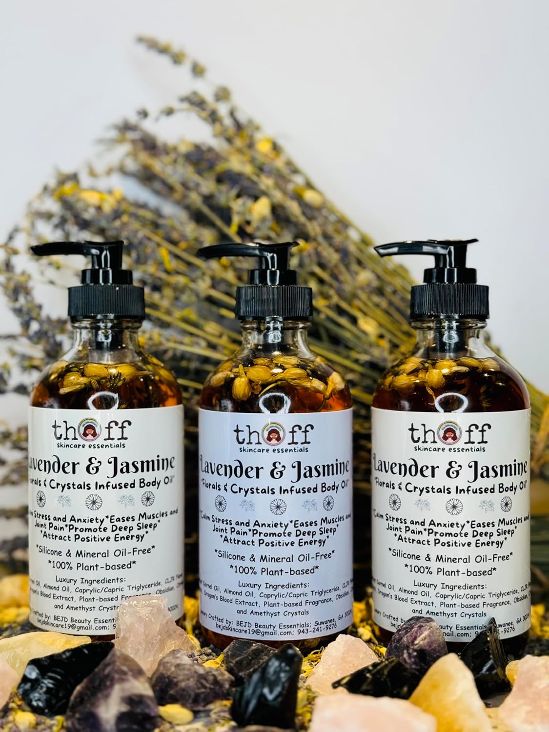 Lavender & Jasmine Body Oil 8oz, 100% Plant-based Luxury Body Oil Made with Calendula, Lavender, Jasmine, Chamomile, and Rose Extracts. 4 Lavender & Jasmine Body Oil 8oz, 100% Plant-based Luxury Body Oil Made with Calendula, Lavender, Jasmine, Chamomile, and Rose Extracts.