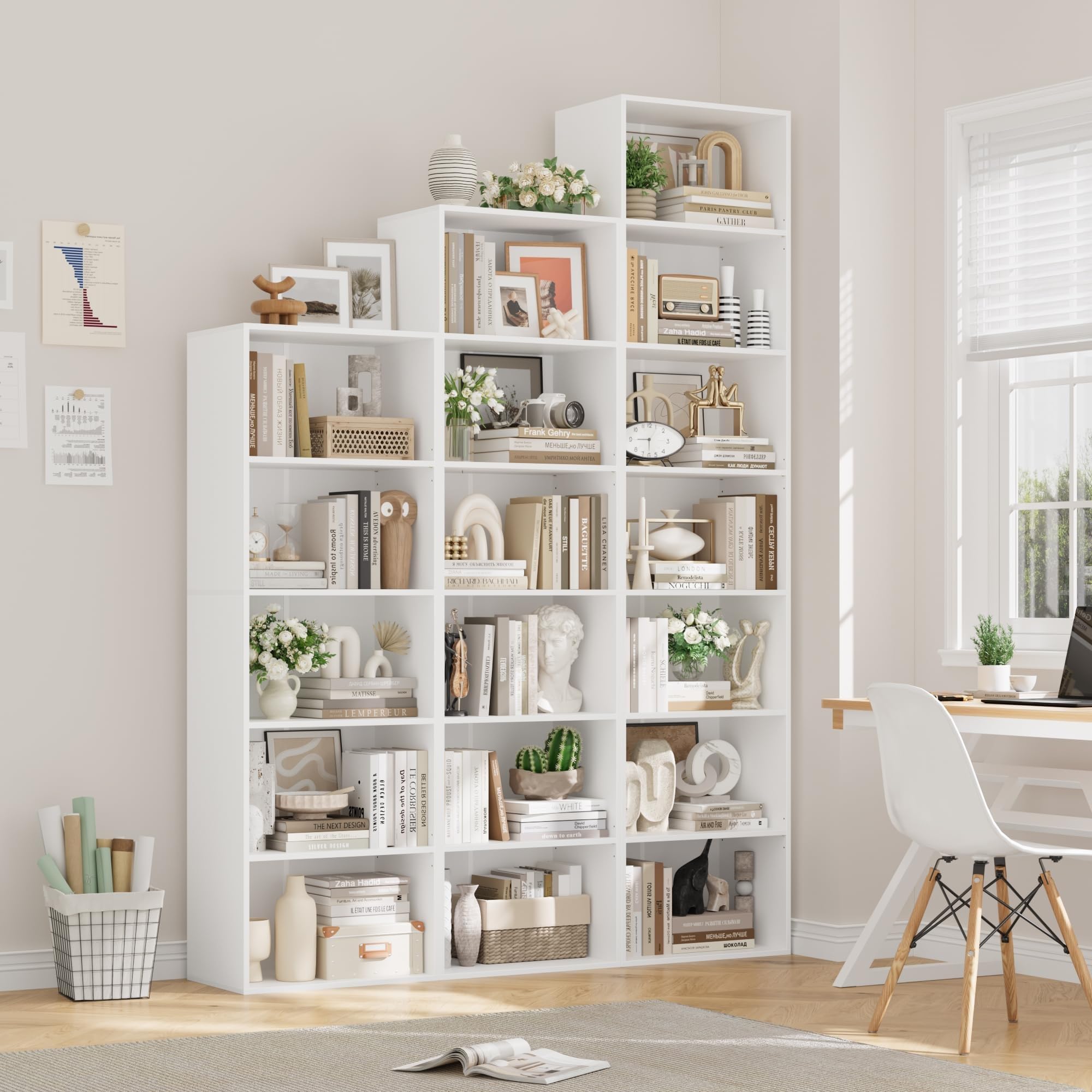 FirFurd 220 cm Libreria Profonda 30 cm, Libreria da Parete a 7 Ripiani, Librerie con Ripiani Regolabili, Scaffale Salvaspazio, per Studio, Soggiorno, Ufficio, Cucina, 48x30x220cm, Bianco