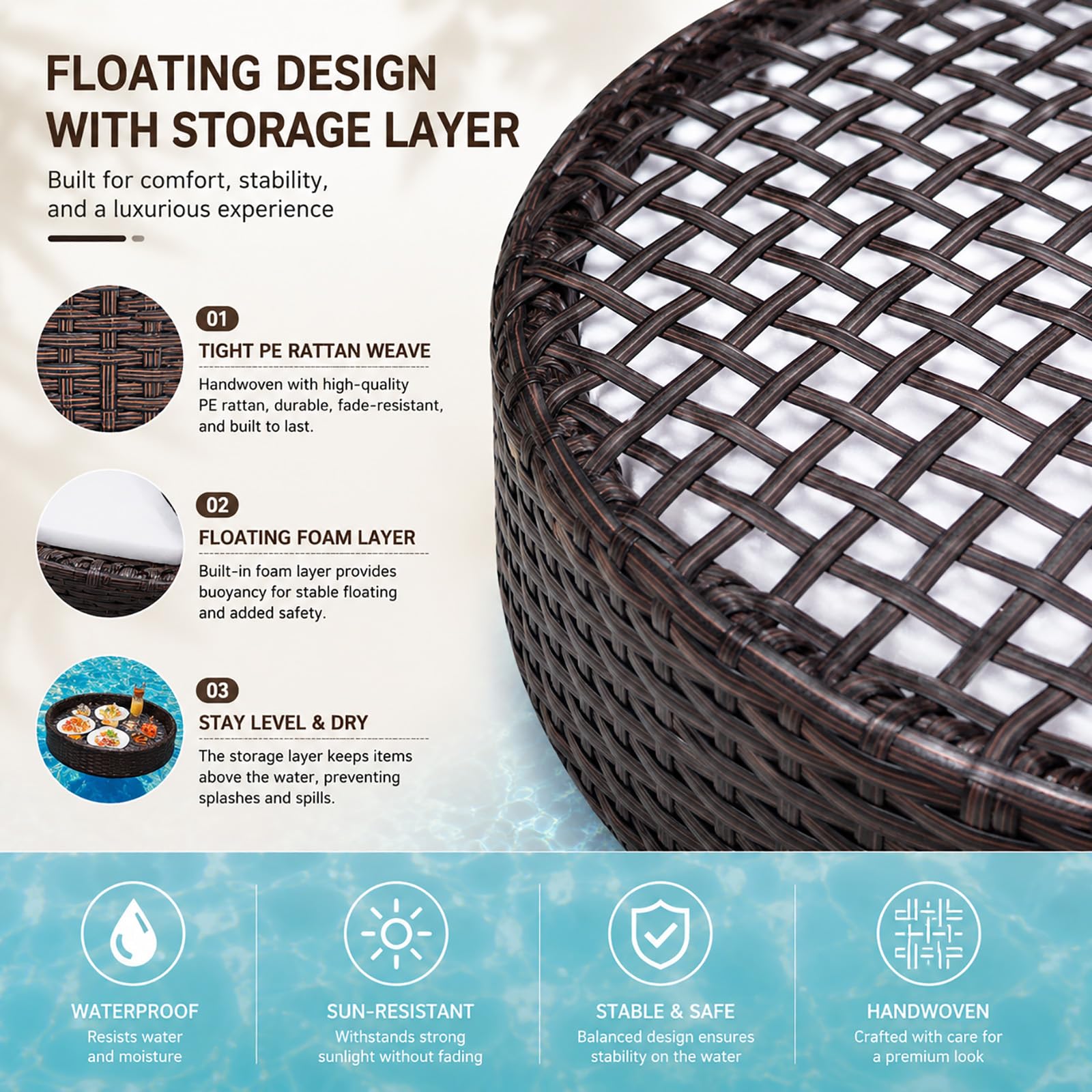 Schwimmendes Pooltablett aus Rattan, Große Floating Pool Bar für Getränke Snacks und Brunch, Pool Tablett für Whirlpool Spa Gartenparty und Sommer Entspannung