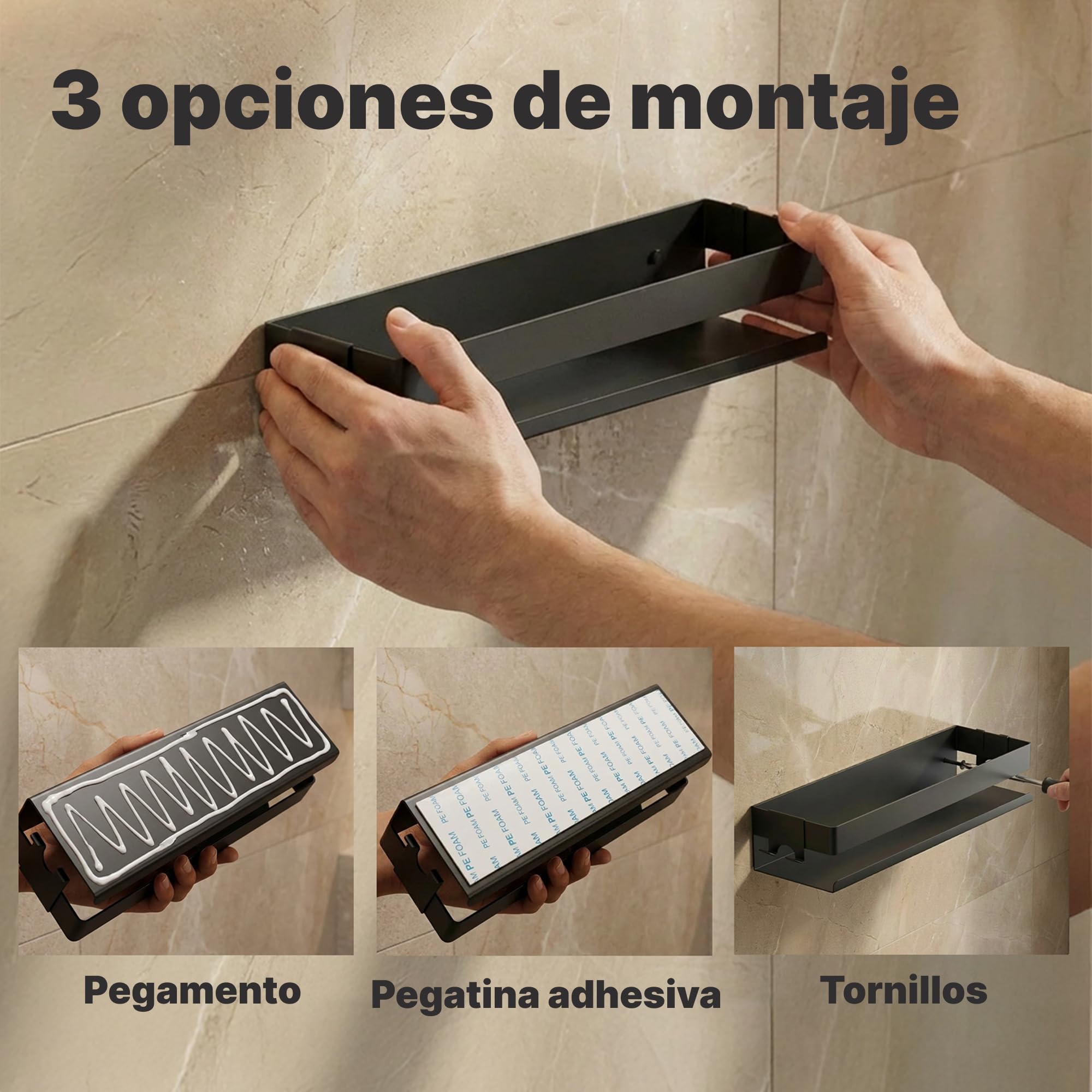 Minismus estanteria ducha sin taladro con ganchos moviles y barra, estante ducha organizador resistente, repisa baño adhesiva, estanteria baño sin tornillos o montada con tornillos cesta