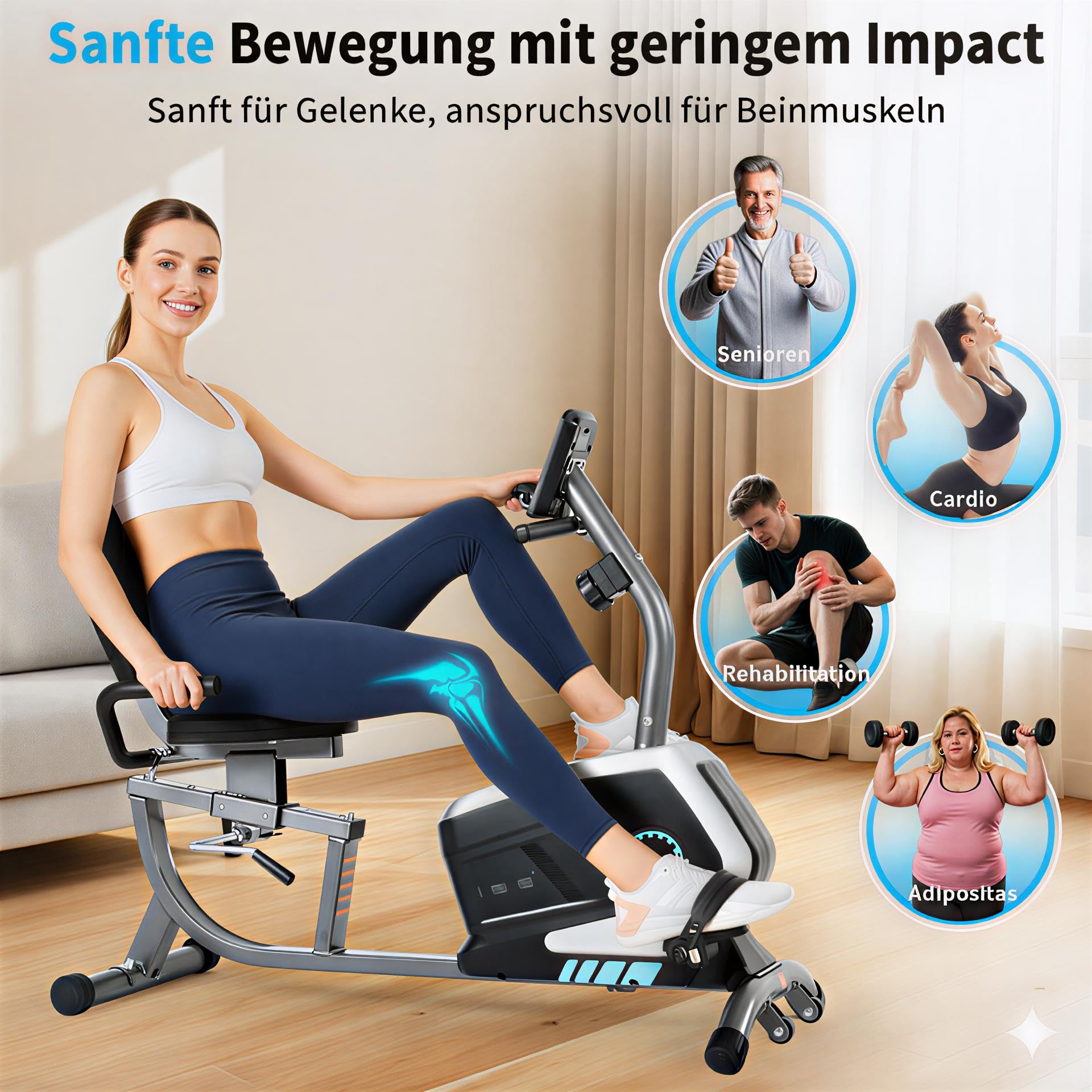 ISE Liegeergometer für Zuhause mit 8 verstellbaren Widerstandsstufen, Heimtrainer Fahrrad mit Pulssensoren und LCD-Display, Liegerad Heimtrainer mit verstellbarer Rückenlehne