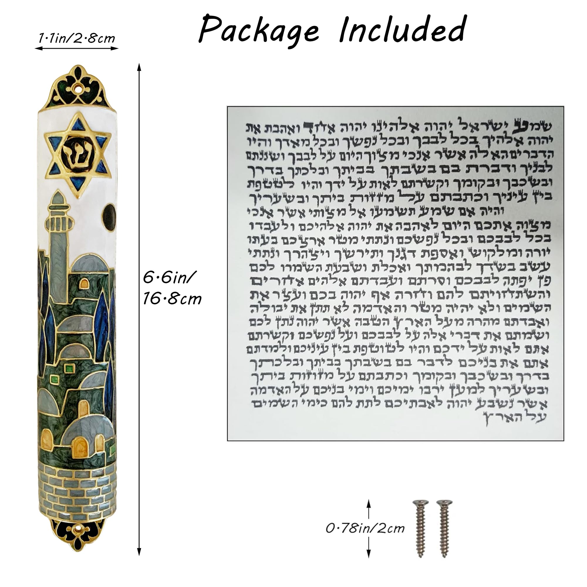 Hand Painted Mezuzah, Exquisite Enamel Mezuzah with Star of David and Jerusalem Motifs