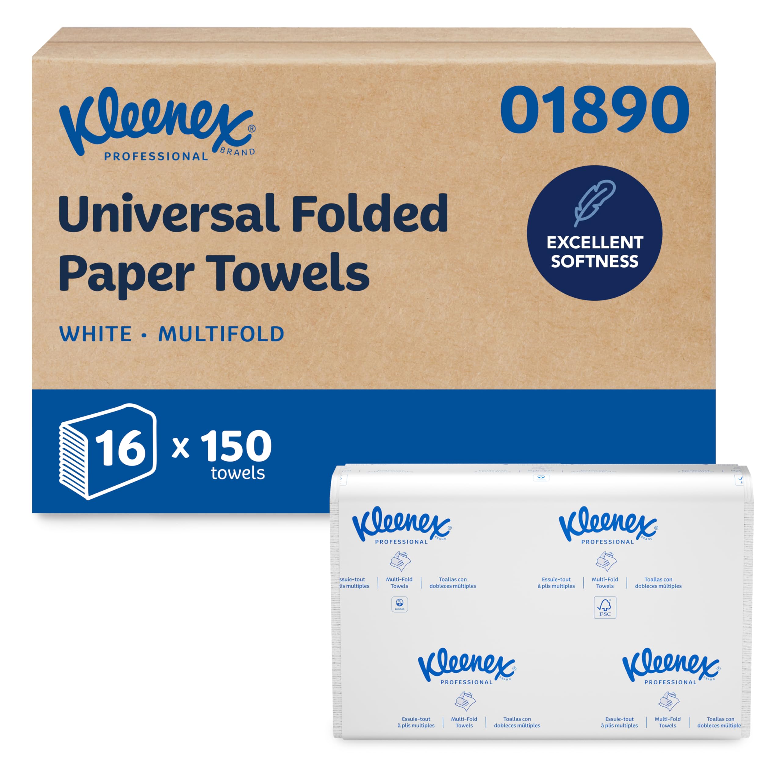 Kleenex Professional Universal Multifold Paper Towels, Bulk (01890), Absorbency Pockets, 9.2" x 9.4" Towel, White (150 Sheets/Pack, 16 Packs/Case, 2,400 Sheet Total)