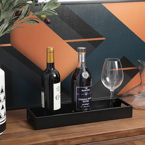 Miniatura 2 de MyGift Bandeja decorativa de metal negro mate de 16 pulgadas, bandeja rectangular estrecha con asas recortadas