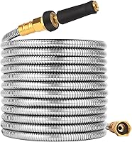 RosyEarth 100FT 304 Stainless Steel Garden Hose - Heavy Duty Kink-Free, Puncture & Bite Resistant with Brass Nozzle