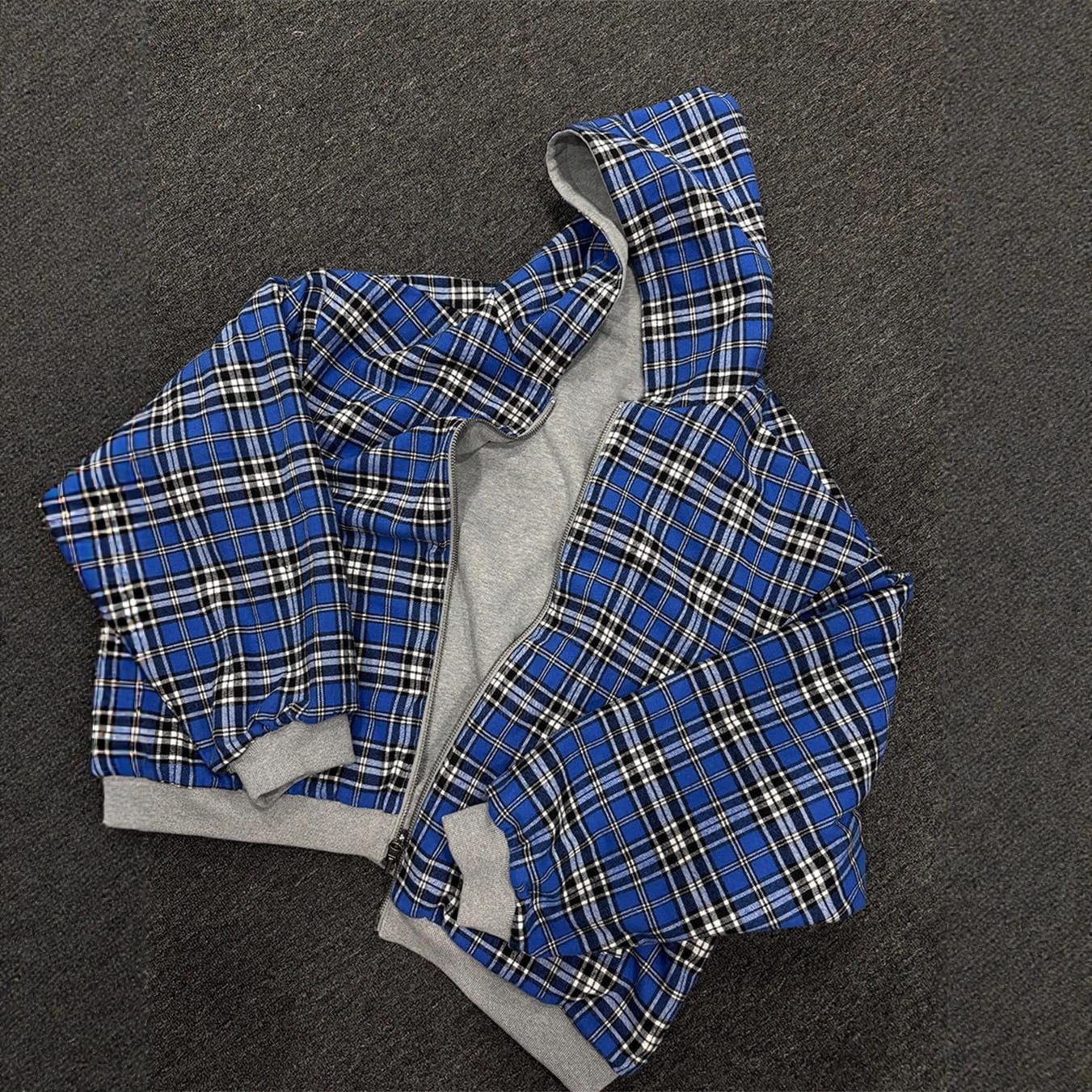 Y2k Grunge Plaid Zip Up Hoodie Men Women Reversible Oversized Emo 2000s Graphic Hoodie Fall Baggy Sweatshirts - Image 4