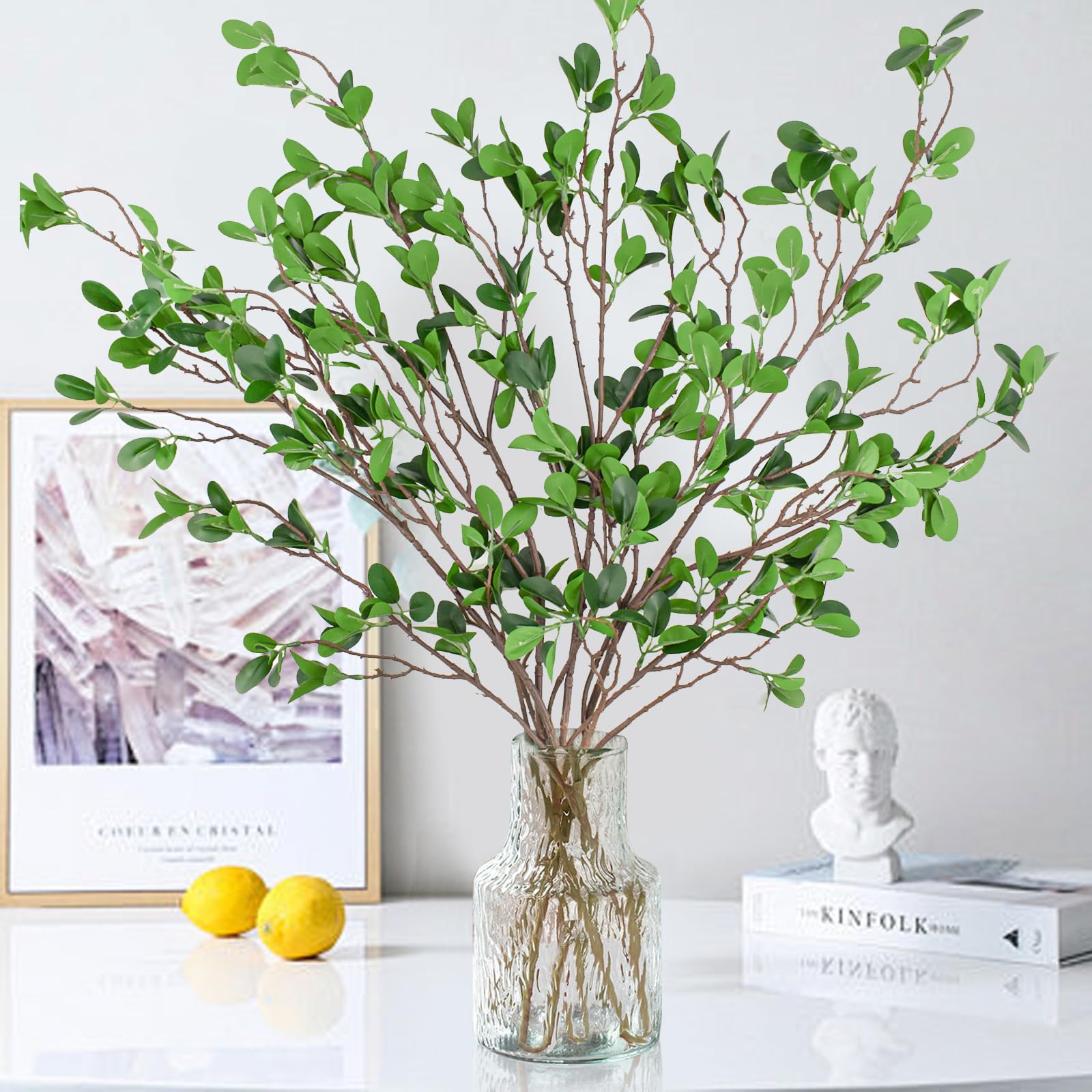 Bacucine Green Artificial Ficus Branches Artificial Ery Stems 43 Inch Fake Ficus Twig With Eucalyptus Leaves For Home Wedding Office Decor (4 Pcs)