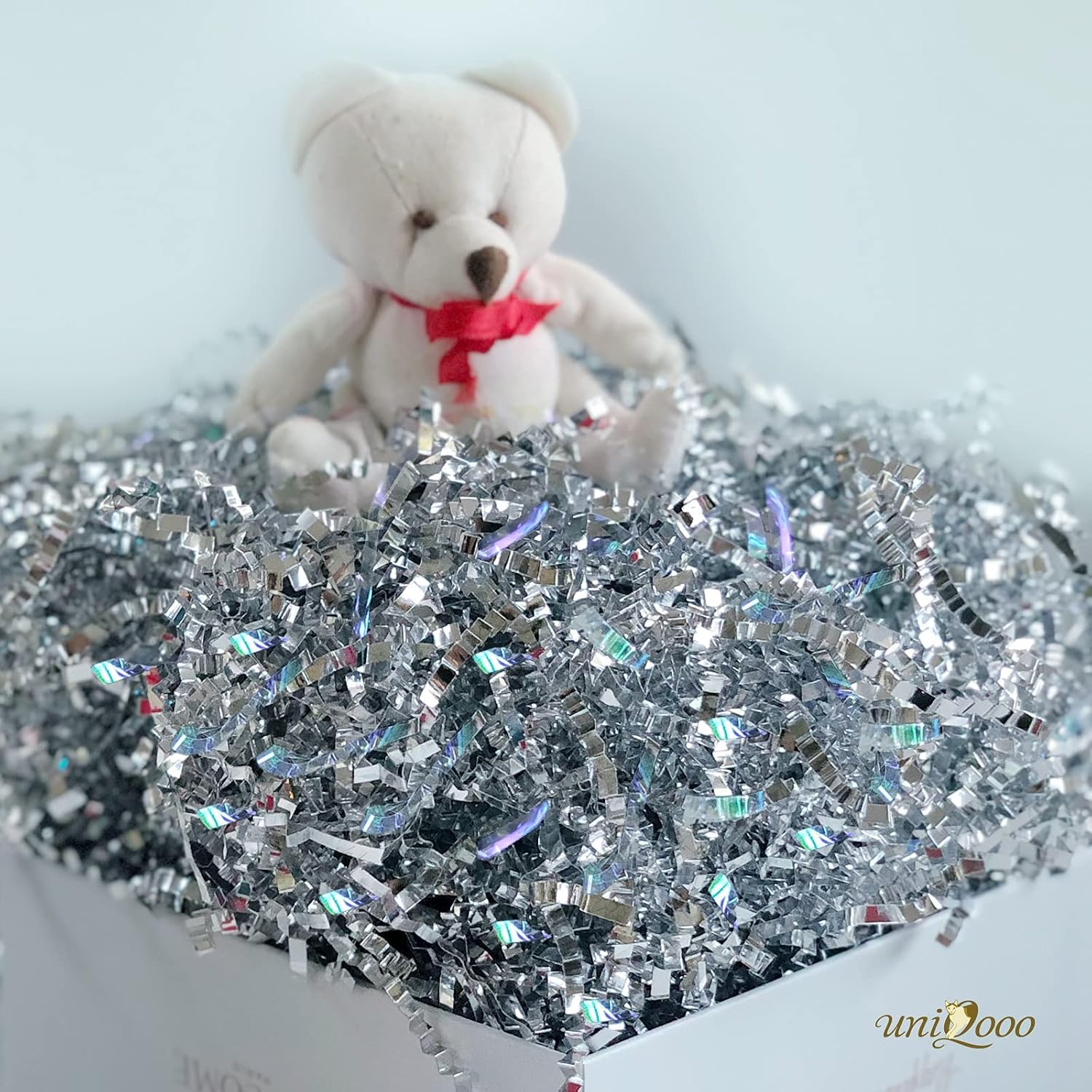 UNIQOOO 1 LB Metallic Iridescent Silver Crinkle Cut Paper Shredded Filler, Sparkle Crystal Unicorn Silver Paper Shreds Raffia Tissue, Craft Bedding Cushion for Christmas Wedding Birthday Bridesmaid