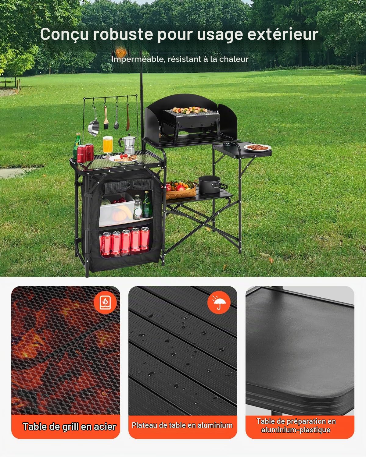 VEVOR Cuisine de Camping Portable en Aluminium, Table de Camping en Plein air, avec Placard de Rangement, Sac de Transport, Pare-Brise Amovible, Installation Rapide pour Barbecue, Pique-Nique, Noir