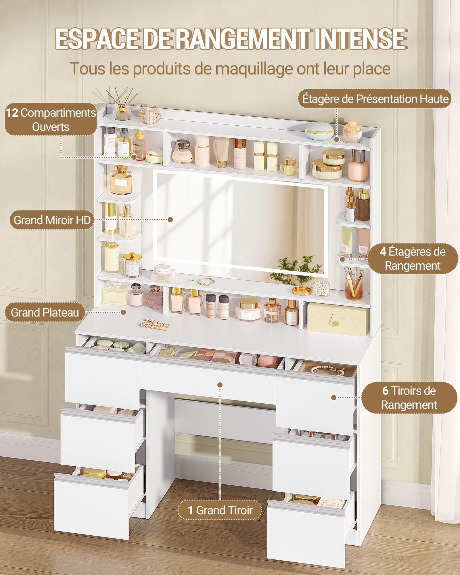 Hzuaneri Coiffeuse avec Grand Miroir, Coiffeuse avec Éclairage LED, Blanc