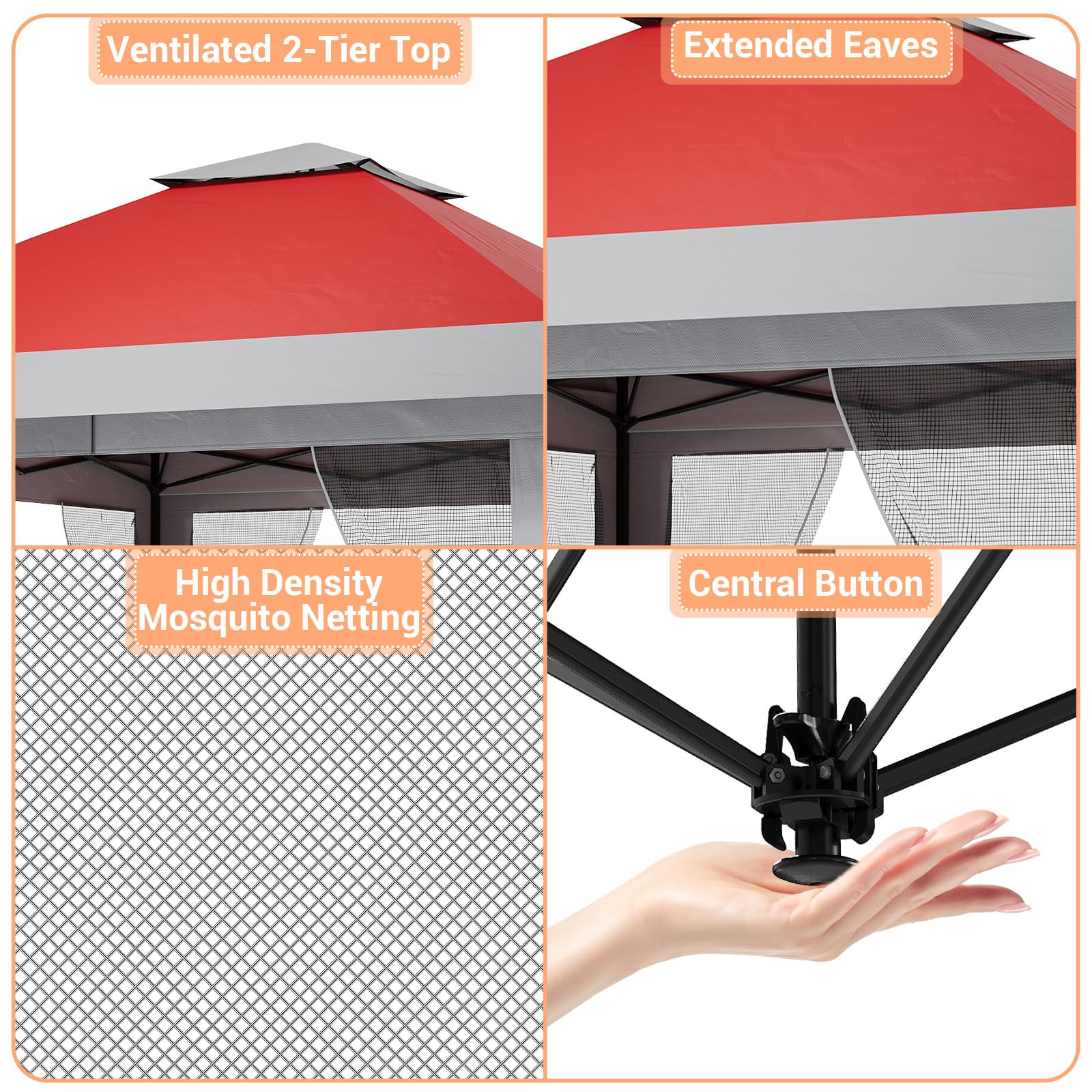 4 x 4 m Pop Up Gazebo, Waterproof Pop Up Tent with 4 Mosquito Net Side Panels, Heavy Duty Gazebo with Carry Bag, 360° Ventilation, Instant Event Shelter for Patio, Garden, Family Parties and Camping - Image 3