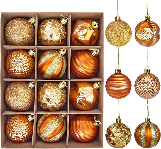 Christmas Baubles Gold 6cm with Hanging Cord, Glitter Christmas Balls Shatterproof Ornaments for Christmas Tree Decoration (12PCS)