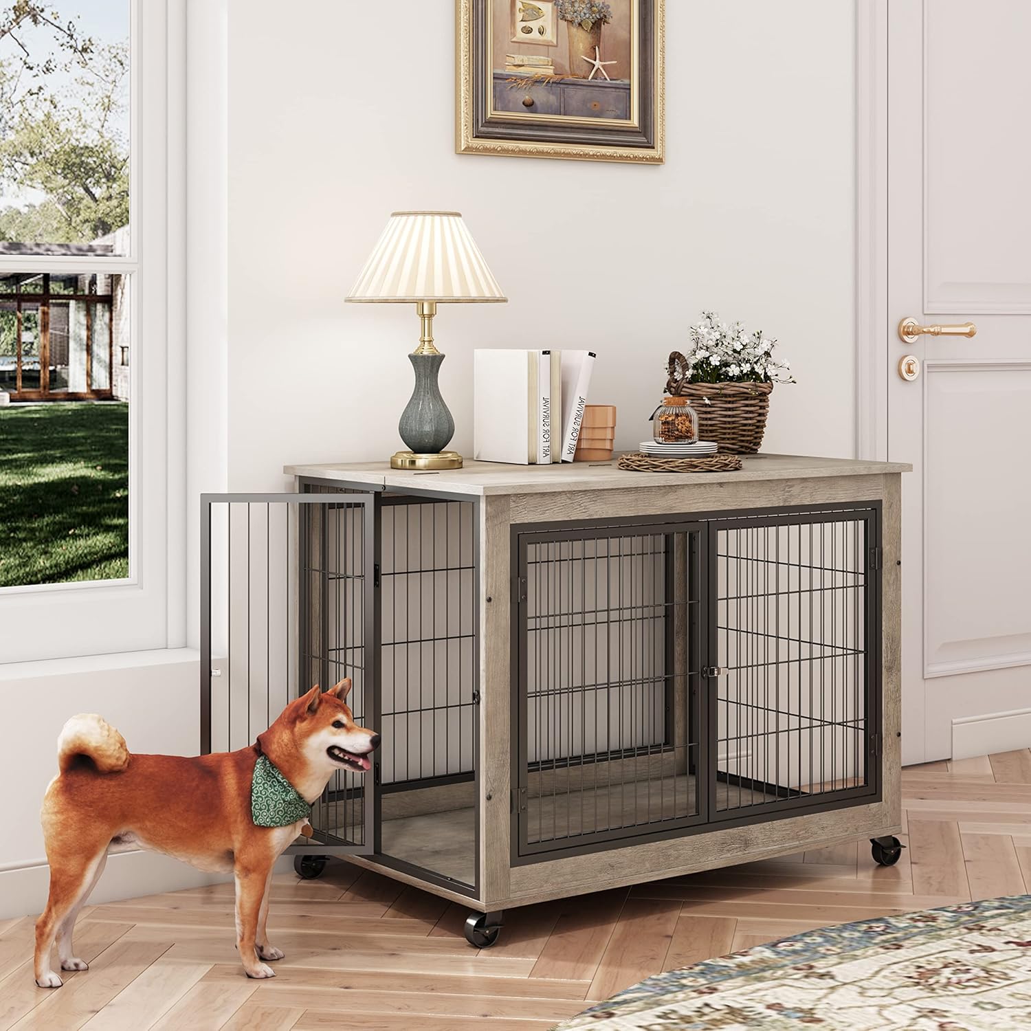 Dog Crate Furniture, Indoor Wooden Dog Kennel Side Table on Wheels with Double Door & Removable Lift Top, Heavy Duty Pet Cage for Small Medium Dogs up to 30 lbs, 38.6''W x 25.2''D x 27.2''H, Grey