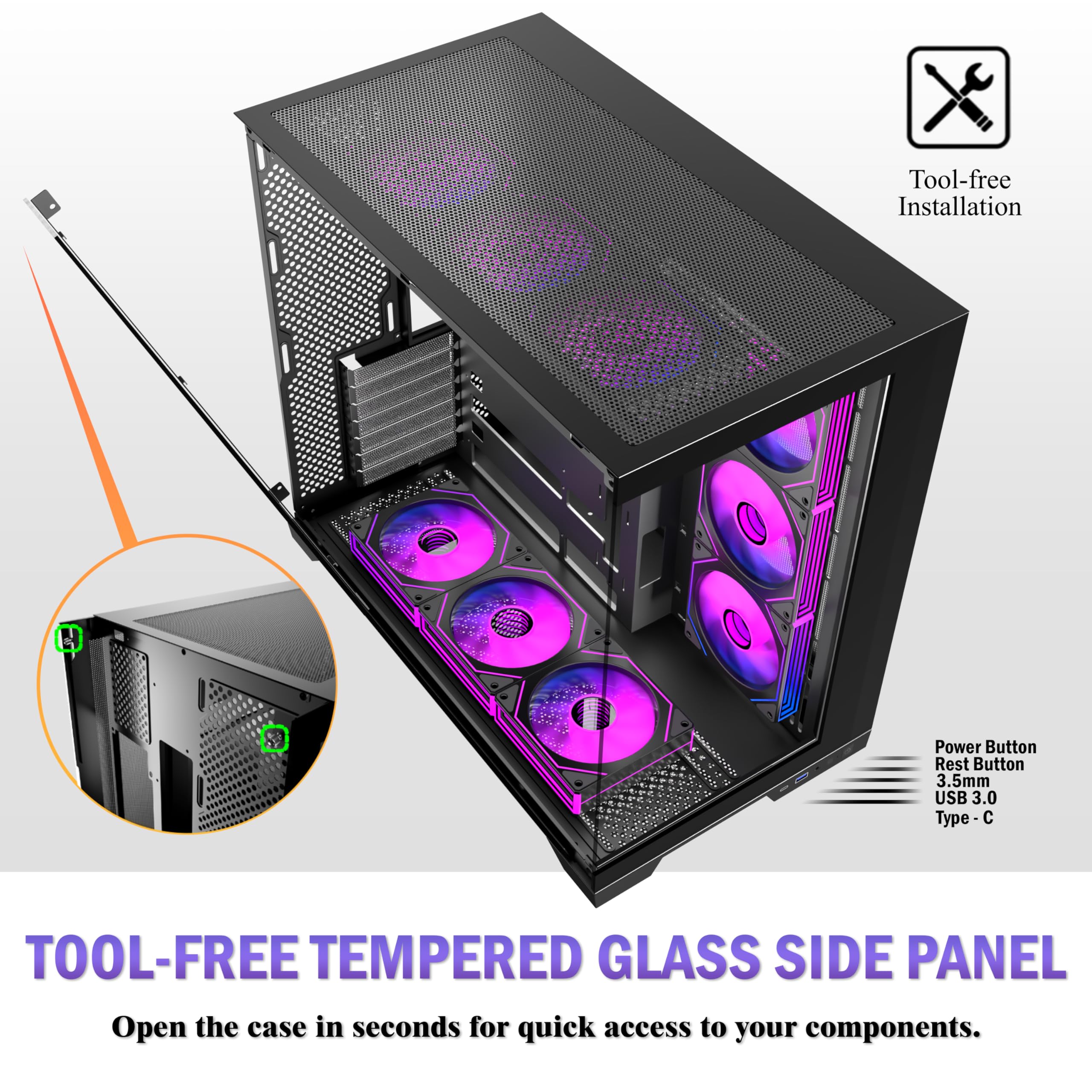 ANSAITE ATX PC-Gehäuse 9×120 mm ARGB PWM-Lüfter vorinstalliert ，Mid-Tower Gaming PC-Gehäuse, Panorama-Gehärtetes Glas Schwarz Computer-Gehäuse mit Typ-C, 360mm Radiator Unterstützung，H-D9 (Schwarz)