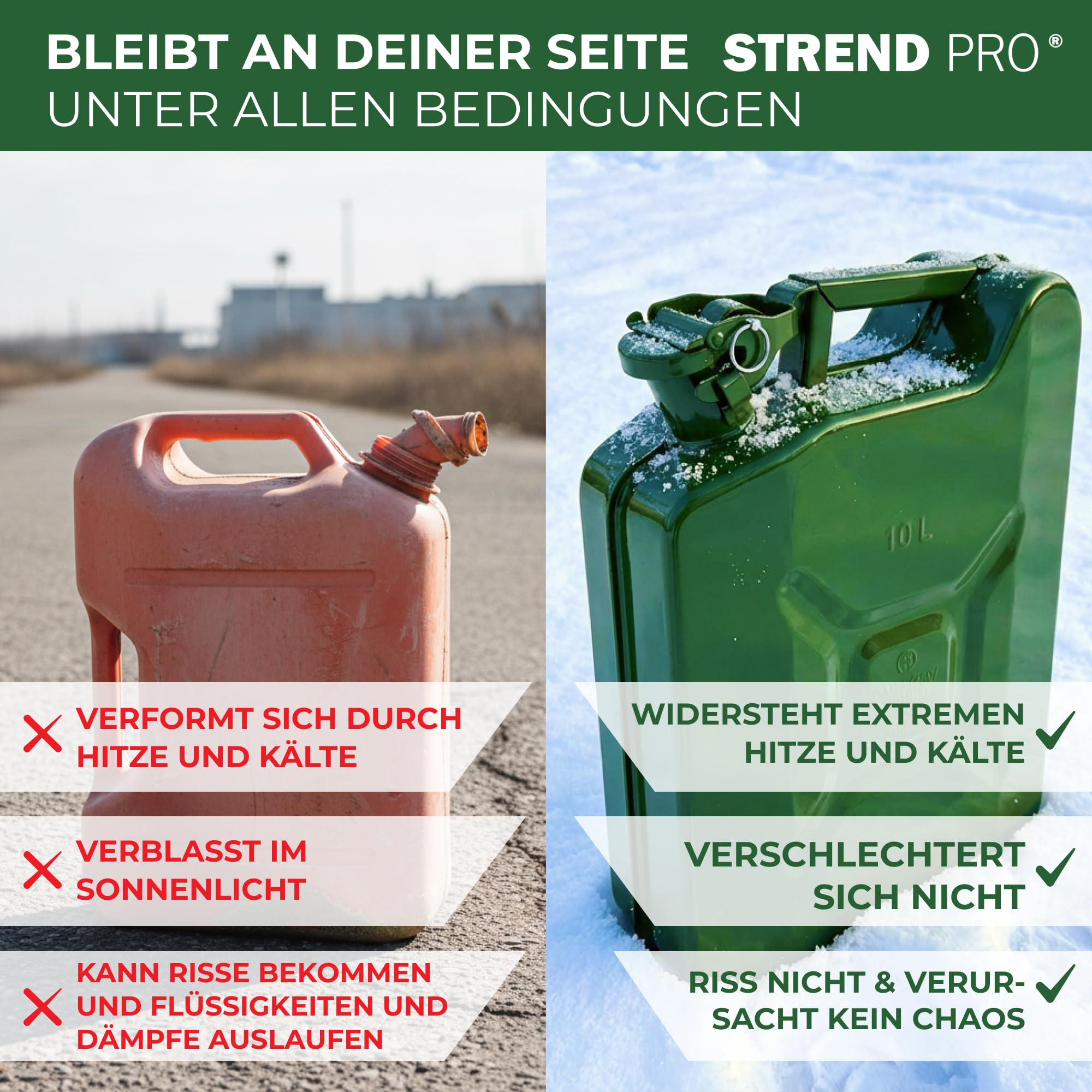 STREND PRO Benzinkanister 20l Metall | Robuster Kanister 20 liter für Benzin & Diesel | Kraftstoffkanister | Dieselkanister für Reserve | Kombikanister motorsäge | Grün mit UN-Zulassung | Benzintank - 4