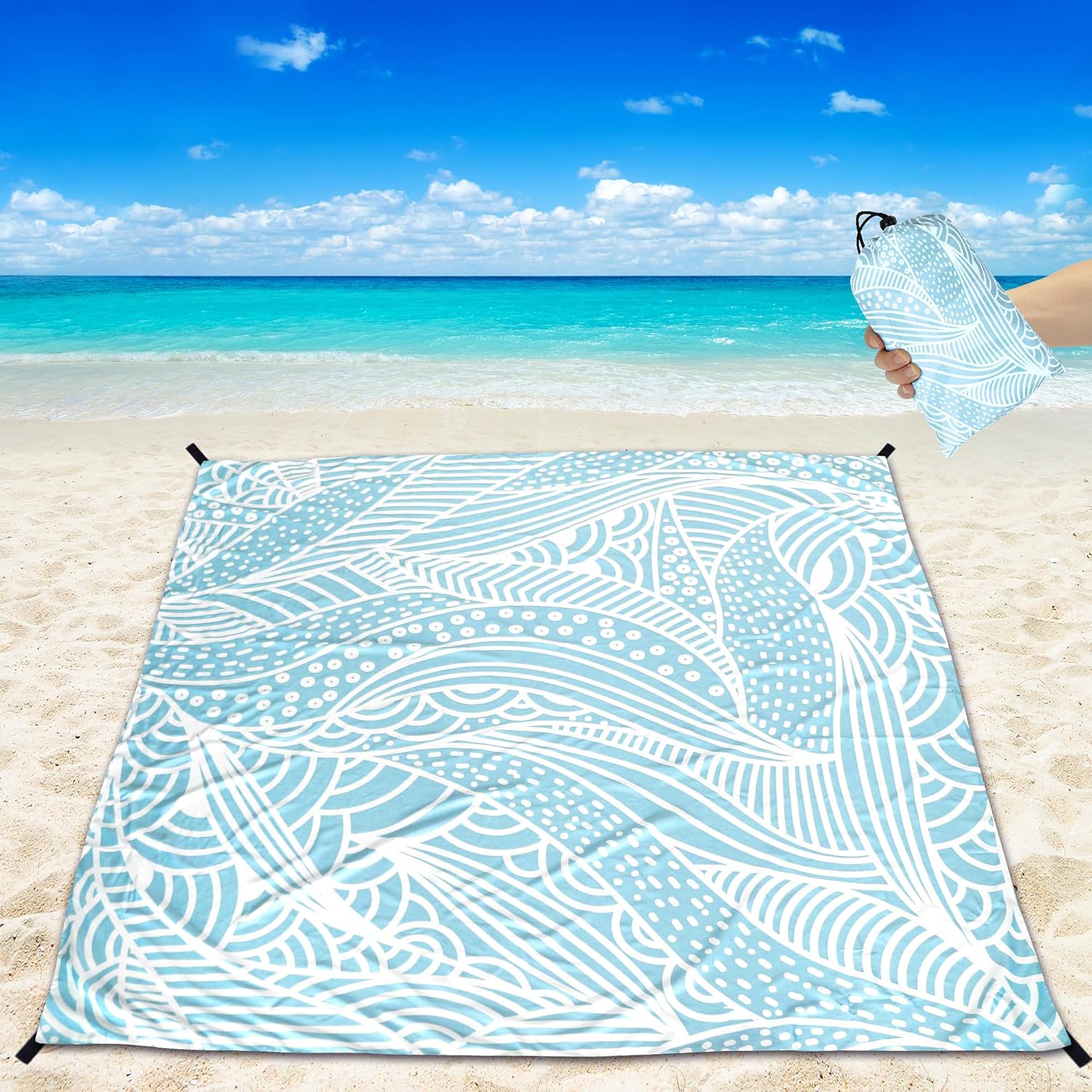 HIHOHO Beach Blanket Waterproof Sandproof Beach Mat for 1-8 Adults Quick Drying Durable Outdoor Picnic Mat for Beach Festival Travel Camping Hiking (BL-Ripple, 79"×83"(4 Person))
