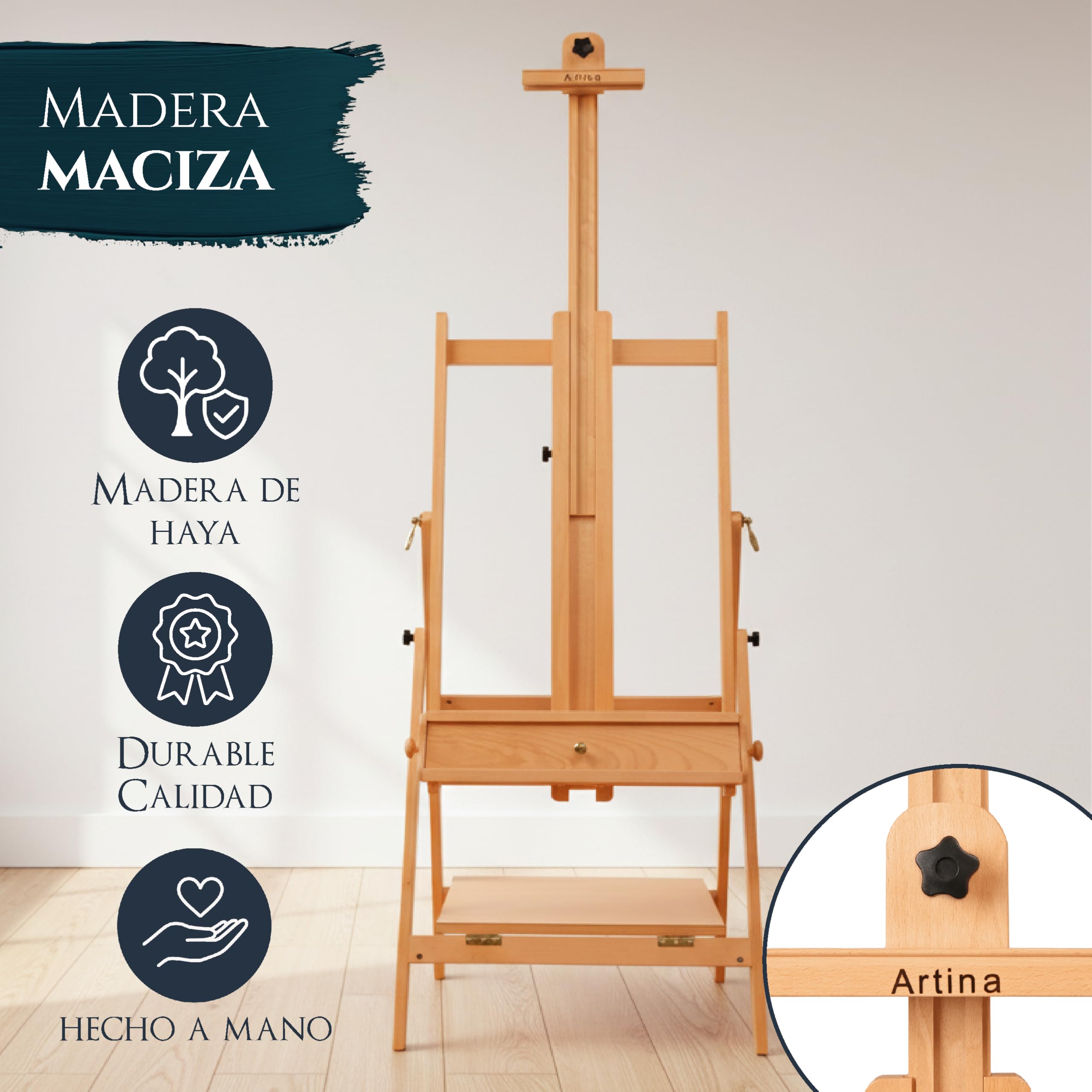 Artina caballete de pintura de estudio profesional para lienzos madera haya | maciza de plegable de altura regulable para hasta 150cm artista grande bastidor Napoli