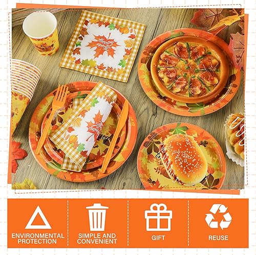 Miniatura 6 de Bokon 240 platos y servilletas de papel de Acción de Gracias, hojas de arce, calabaza, decoraciones de fiesta, otoño, desechables, incluye platos,