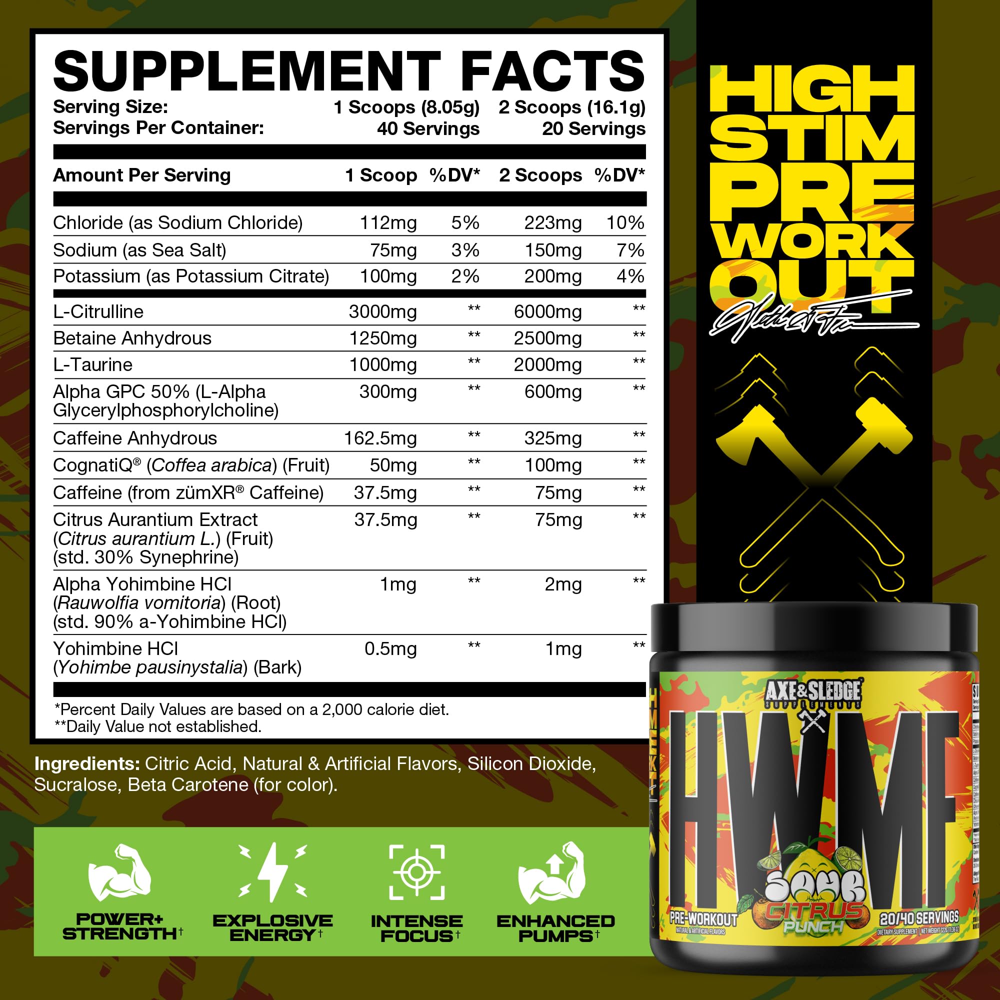 Axe & Sledge HWMF High Stim Pre-Workout Powder | 400mg Caffeine | Pre-Workout for Men & Women with Citrulline, Beta Alanine & Alpha GPC - Energy, Pump & Focus | 20/40 Servings, Sour Citrus Punch — Amazon image 2