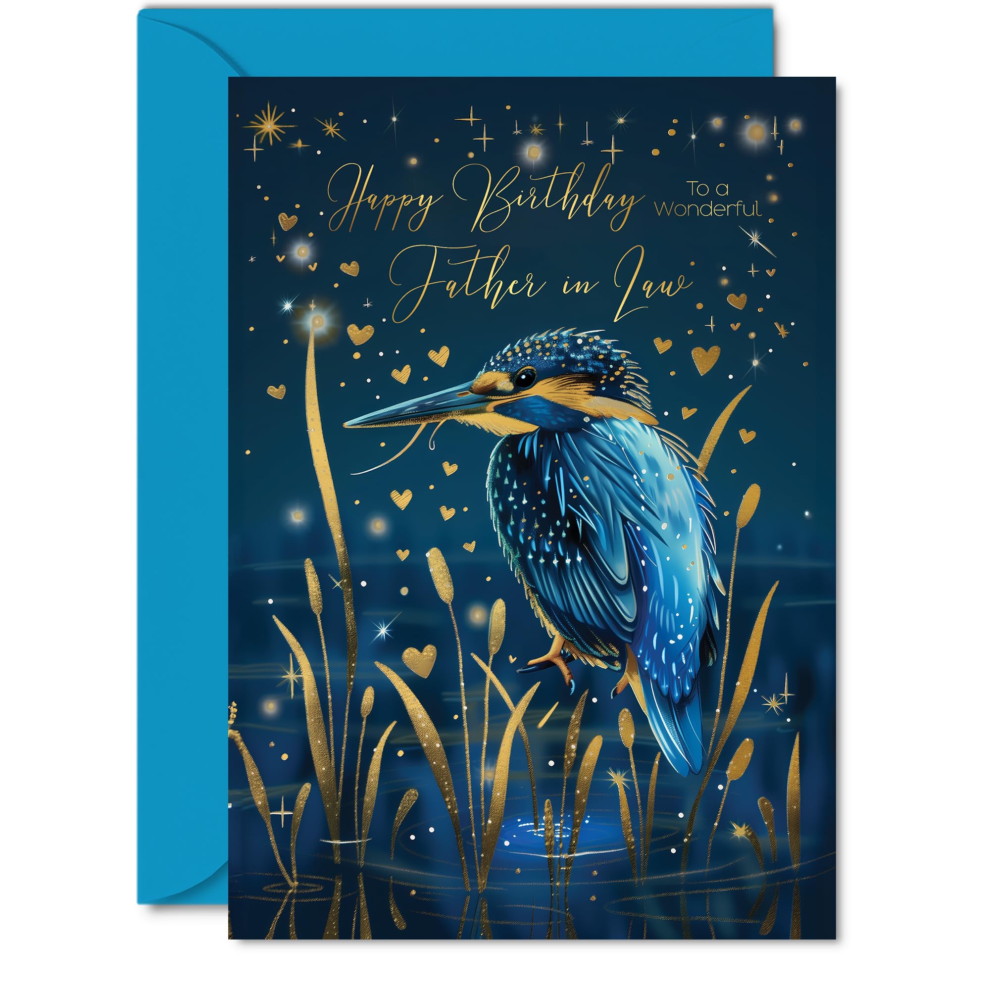 Beautiful Gold Birthday Cards for Father in Law - Wonderful Golden Kingfisher - Pretty Traditional Elegant Birthday Card for Father in Law from Son Daughter in Law, A5 Gorgeous Greeting Cards Gift