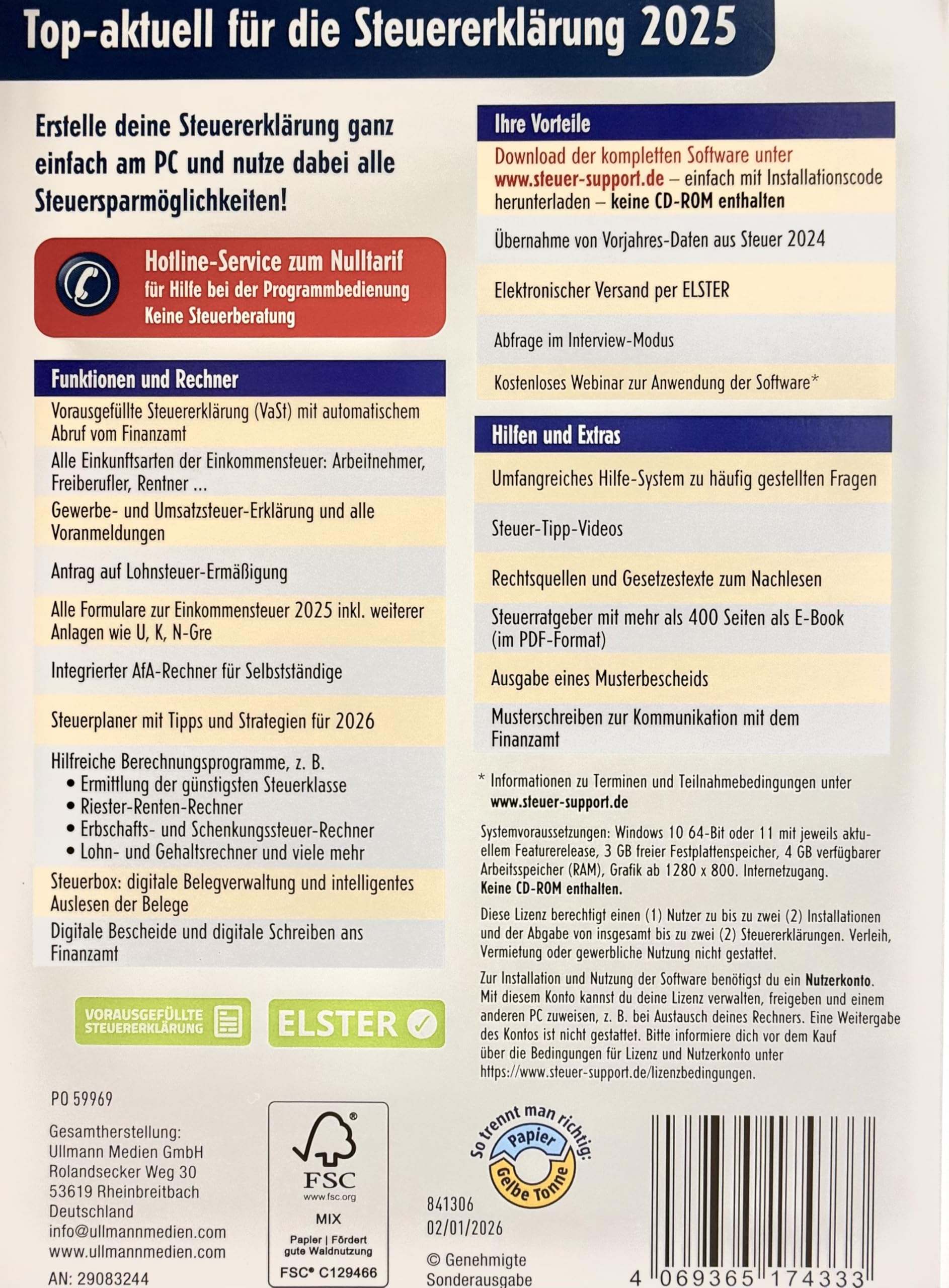 Steuer 2025 für die Steuererklärung 2025 am PC. ELSTER Steuerprogramm Download + Code "keine CD"