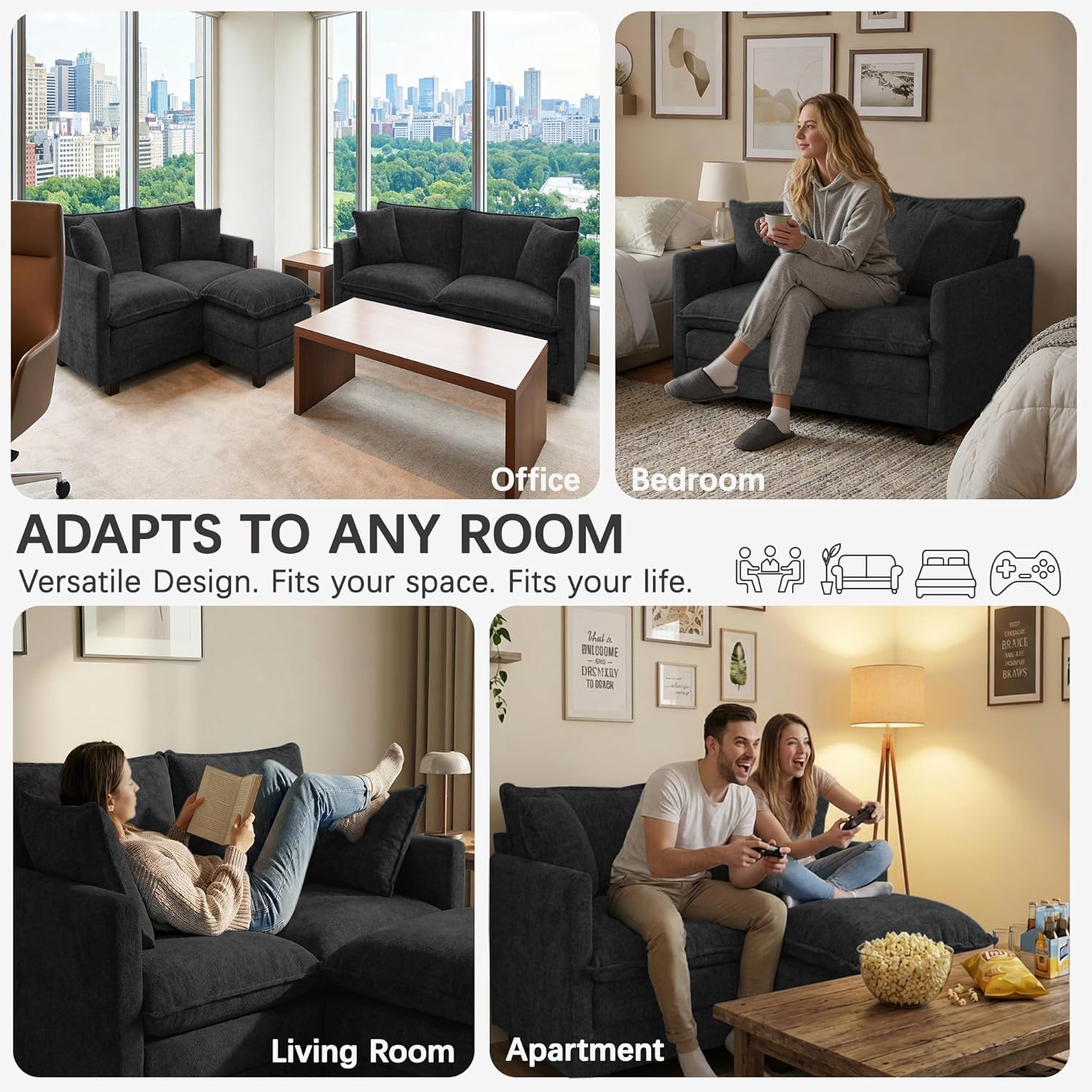 Loveseat Sofa, 52'' Modern Cloud Sofa Couch with 27" Deep Seat & 2 Pillows, Comfy Chenille Small Couch for Small Spaces, Apartment, Studio, Bedroom, Living Room (Black, Loveseat)