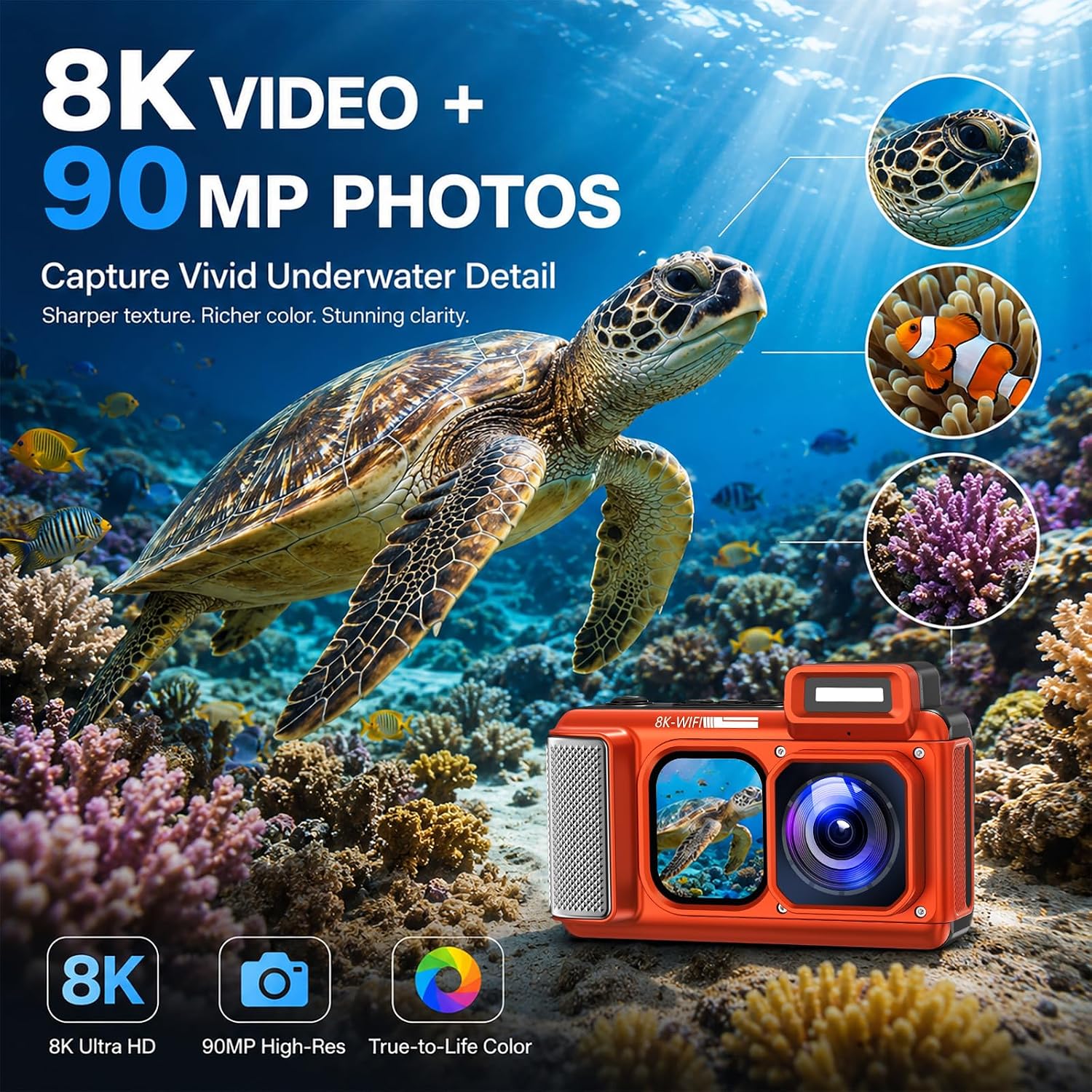 Maxmango V08 Pro 49FT Underwater Camera, 8K 90MP WiFi Waterproof Digital Camera with 2.88" Touchscreen, Dual Screens, Dustproof Shockproof Camera for Snorkeling Diving Travel, 32GB Card, Orange