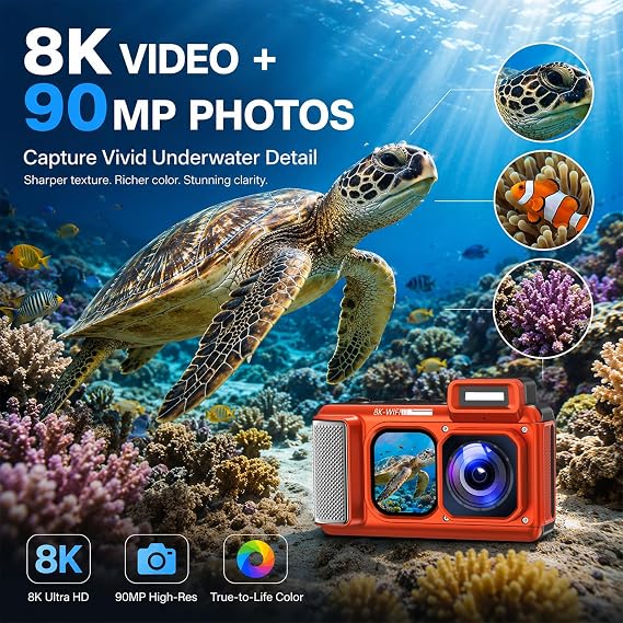 Maxmango V08 Pro 49FT Underwater Camera, 8K 90MP WiFi Waterproof Digital Camera with 2.88 Touchscreen, Dual Screens, Dustproof Shockproof Camera for Snorkeling Diving Travel, 32GB Card, Orange