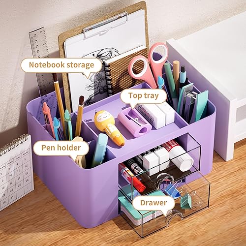 Miniatura 23 de Marbrasse Organizador de bolígrafos con 2 cajones, soporte multifuncional para escritorio, organizadores de escritorio y accesorios con 5 Gris