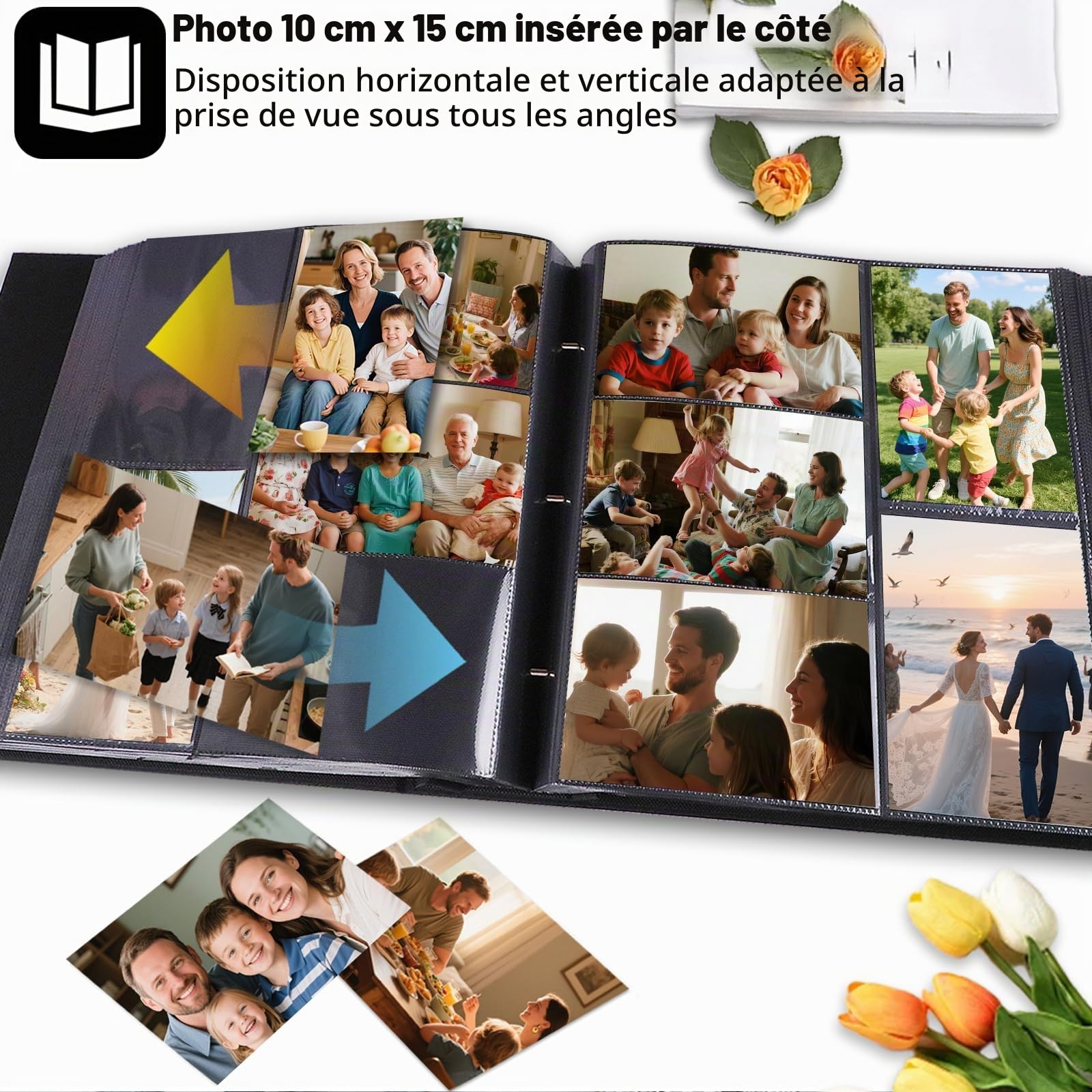 Ruibytree Album Photo Pochettes 10x15 pour 1000 Photos, Extra Grand Format, Couverture en Lin avec Fenêtre Avant, Accueille Photos Horizontal et Vertical, Idéal pour Famille, Mariage (Noir)