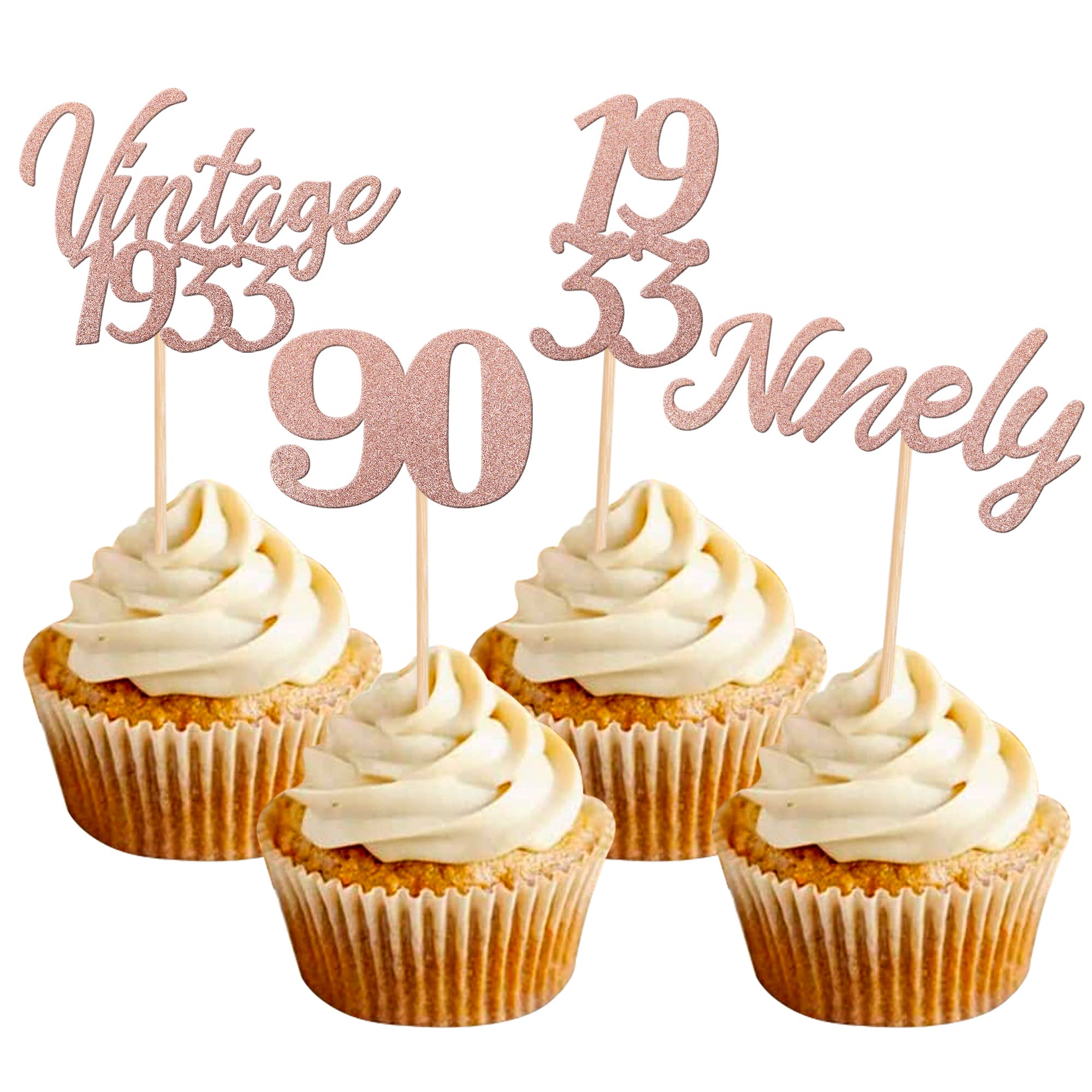 24PCS 90th Birthday Cupcake Toppers Glitter Vintage 1934 Cupcake Picks Ninety Cheers to 90 Fabulous Cake Decorations for Happy 90th Birthday Anniversary Party Decoration Supplies Rose Gold