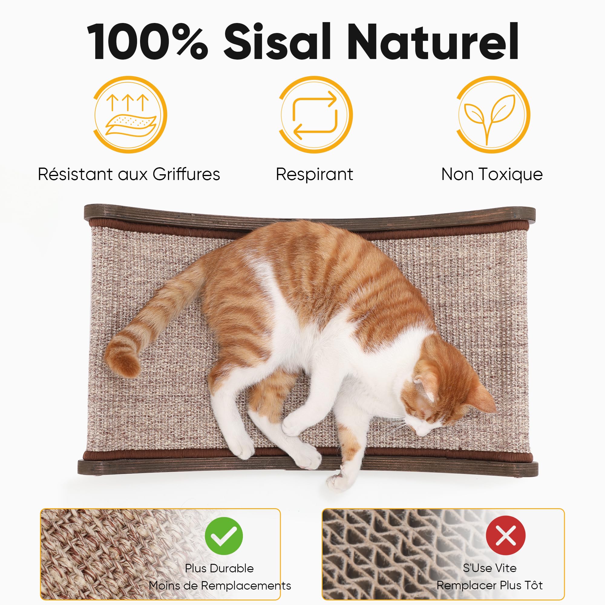 FUKUMARU Griffoir pour Chat, 60 cm Lit de Grattoir Durable d'Intérieur, Grand Coussin à Griffes, Hamac en Sisal Naturel, Chaise Longue avec Cadre en Bois Massif pour Dormir et Gratter, Marron