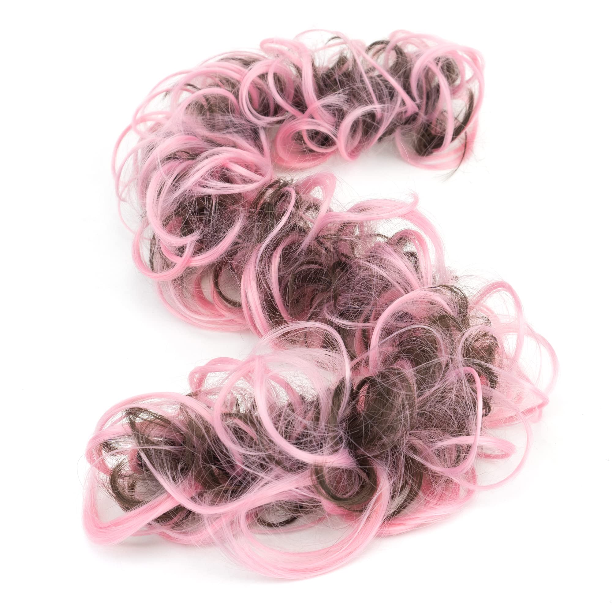 IMISSU Large Size Hairpiece Curly Messy Hair Bun Wrap Scrunchies Elastic Hair Band Donut Updo Chignon Hair Extension Piece for Women Girl (Brown Pink)